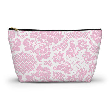 Pink and white patterned pouch on a white background