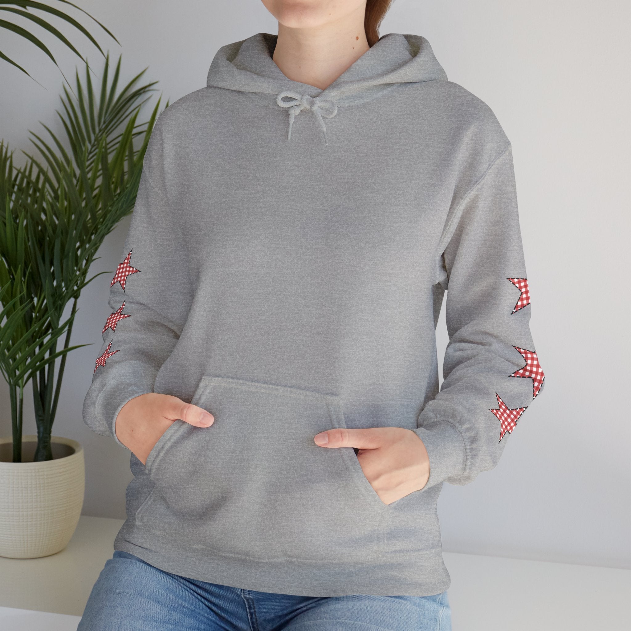 Red Gingham Star Hoodie, Cozy Winter Sweatshirt, Casual Unisex Outerwear, Perfect Gift for Birthdays, Holidays, and Trendy Outfits