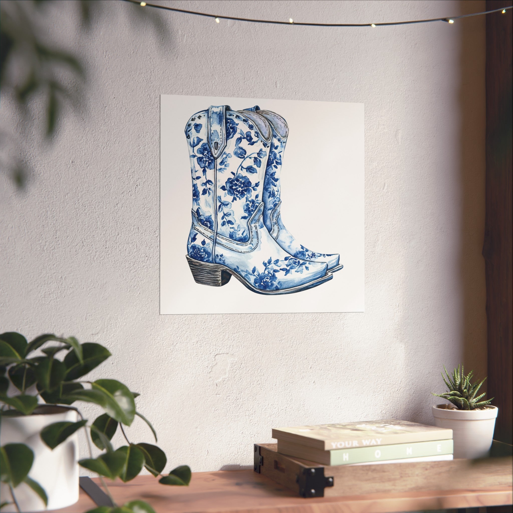 Blue Floral Cowboy Boots Art Print, Dorm Room Decor Rustic Home Art, Gift for Cowgirl, Country Decor, Bohemian Style