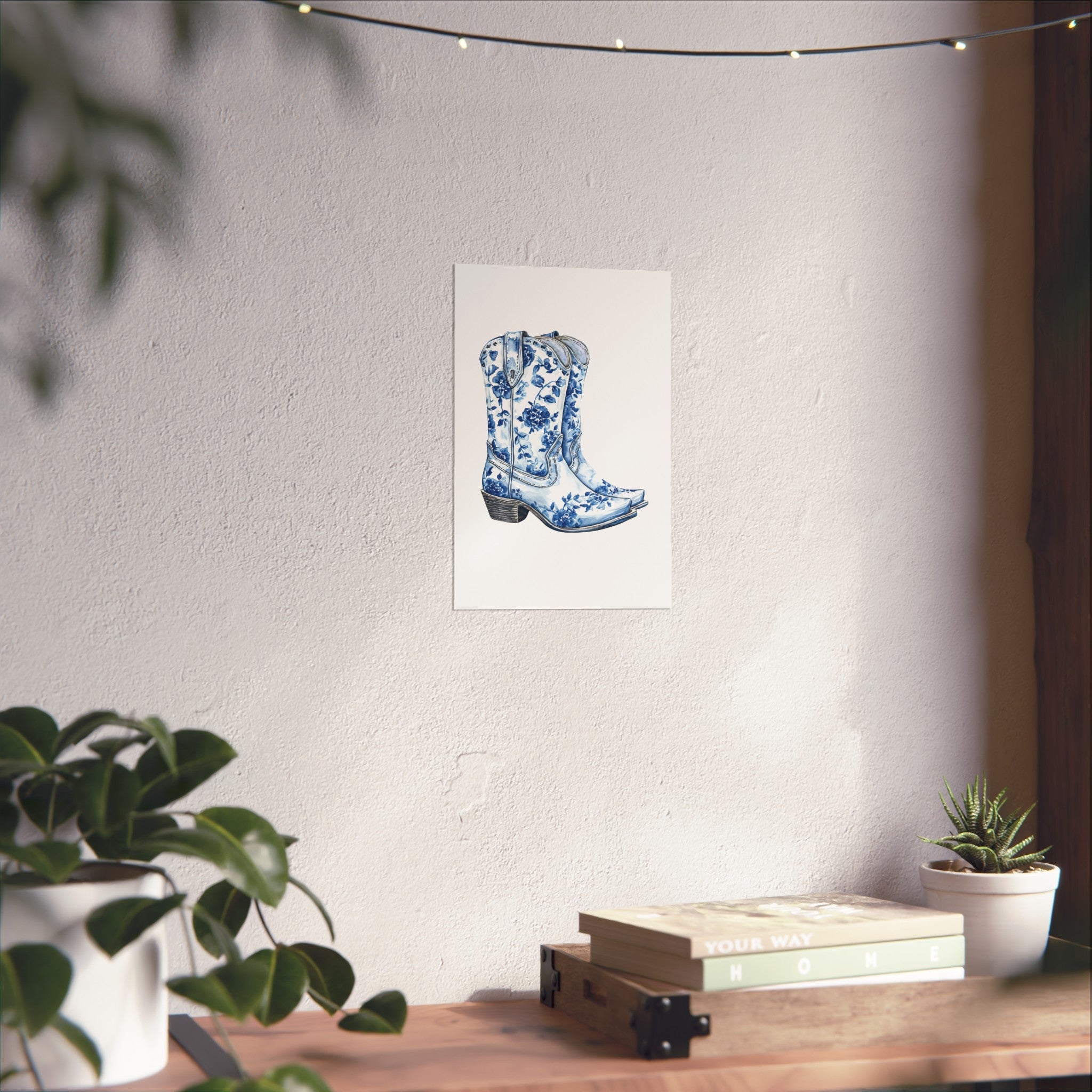 Blue Floral Cowboy Boots Art Print, Dorm Room Decor Rustic Home Art, Gift for Cowgirl, Country Decor, Bohemian Style
