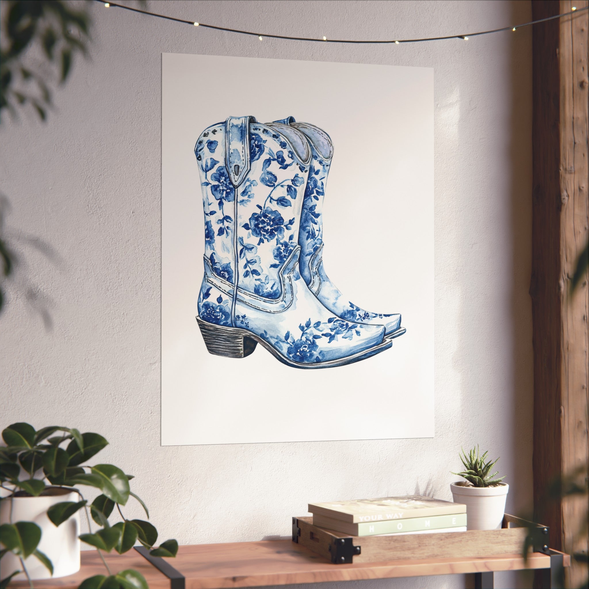Blue Floral Cowboy Boots Art Print, Dorm Room Decor Rustic Home Art, Gift for Cowgirl, Country Decor, Bohemian Style