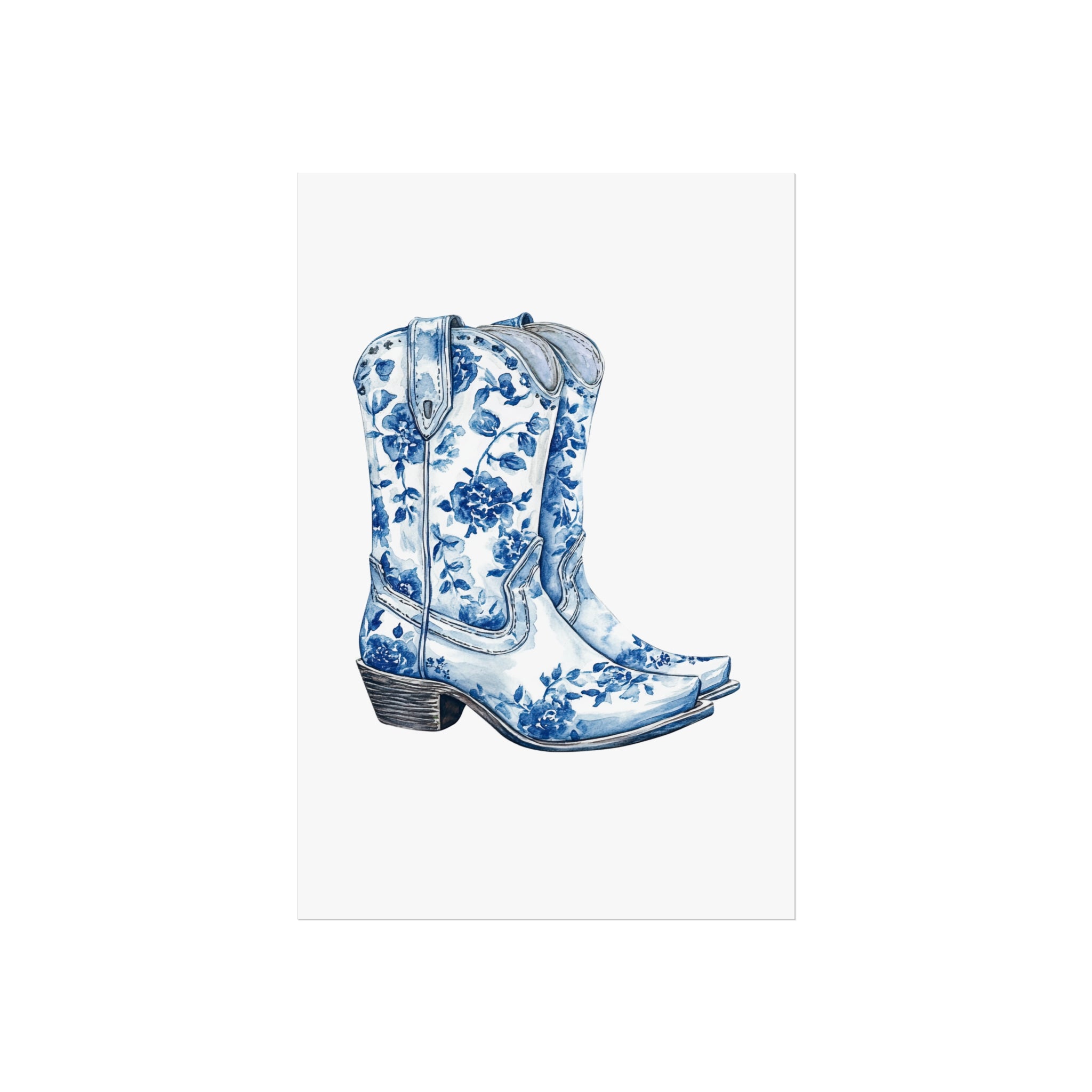 Blue Floral Cowboy Boots Art Print, Dorm Room Decor Rustic Home Art, Gift for Cowgirl, Country Decor, Bohemian Style