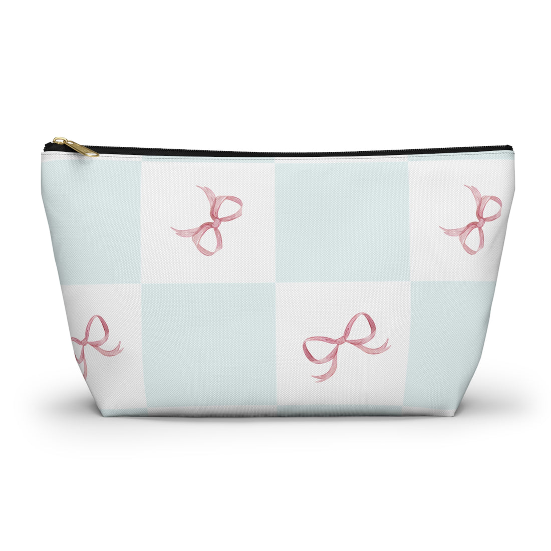 Cosmetic bag with pink bow pattern on a light blue and white checkered background