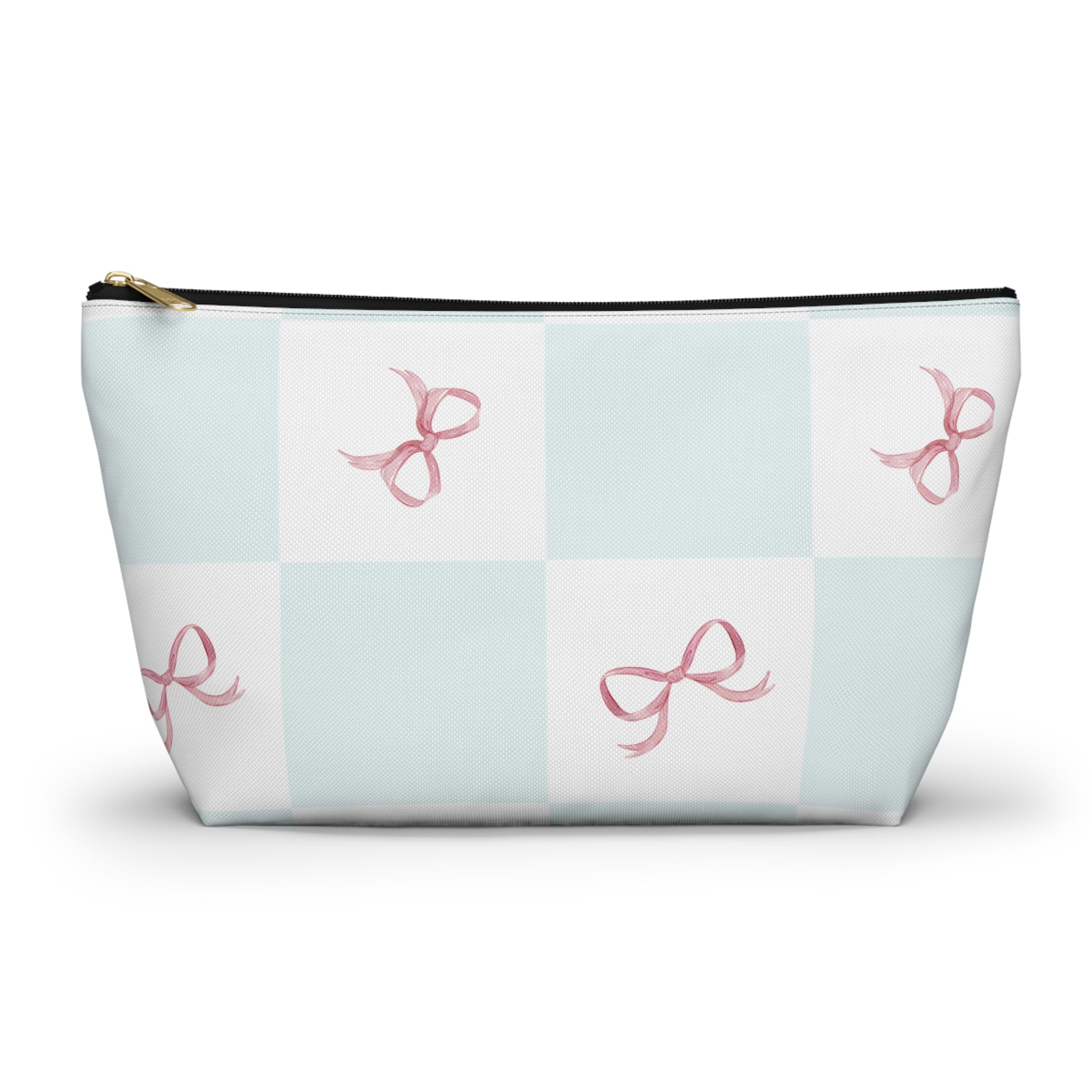 Cosmetic bag with pink bow pattern on a light blue and white checkered background