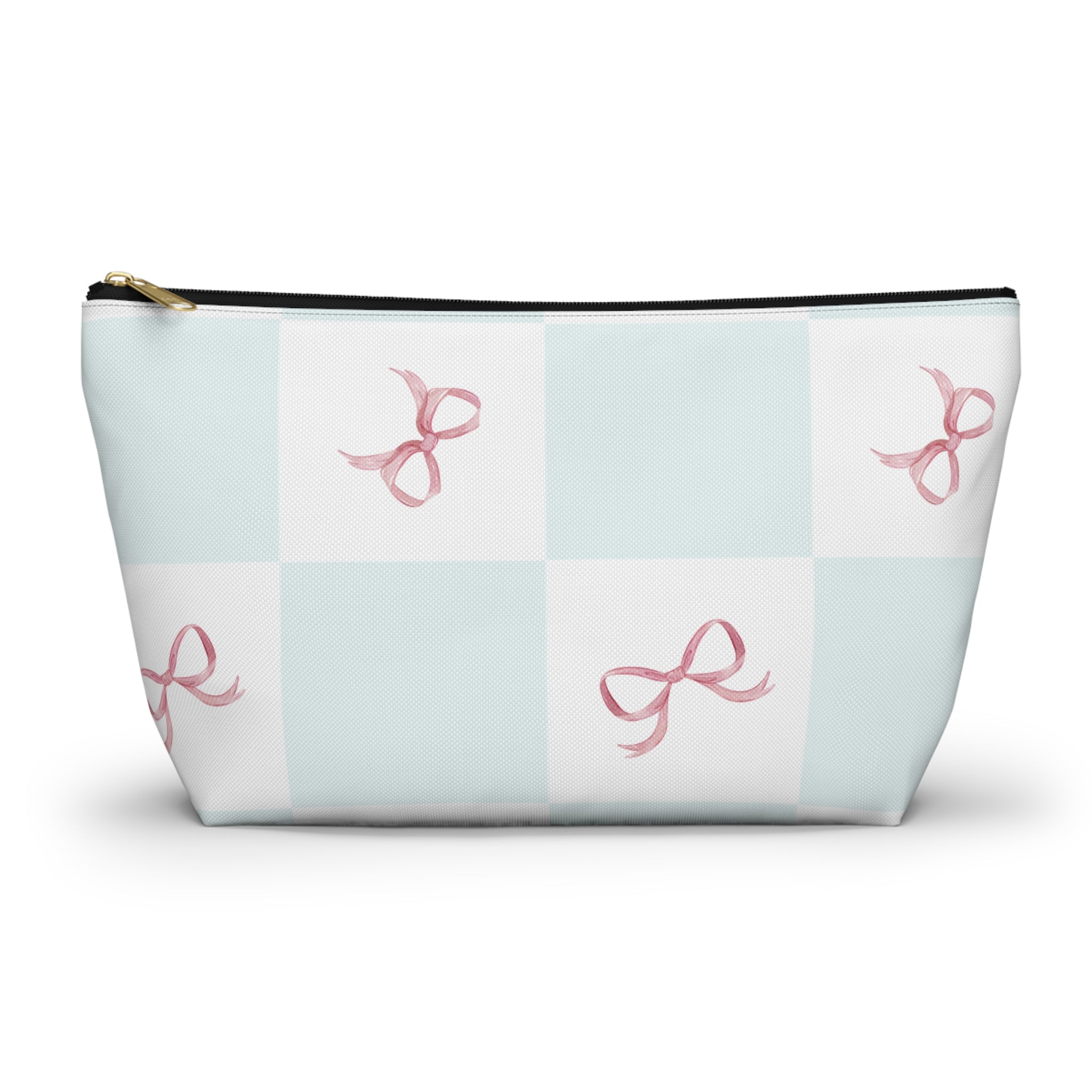 Cosmetic bag with pink bow pattern on a light blue and white checkered background