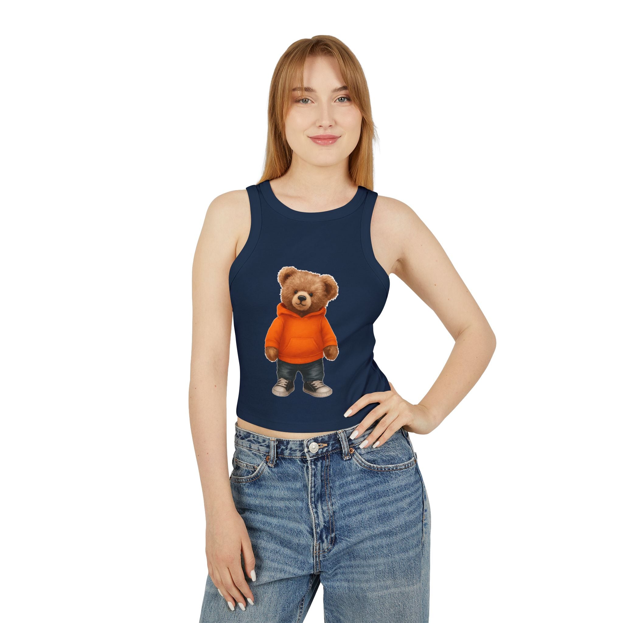 Trendy Bear Print Racer Tank Top for Women, Casual Summer Top, Cute Beachwear, Gift for Her, Festival Fashion, Stylish Comfort