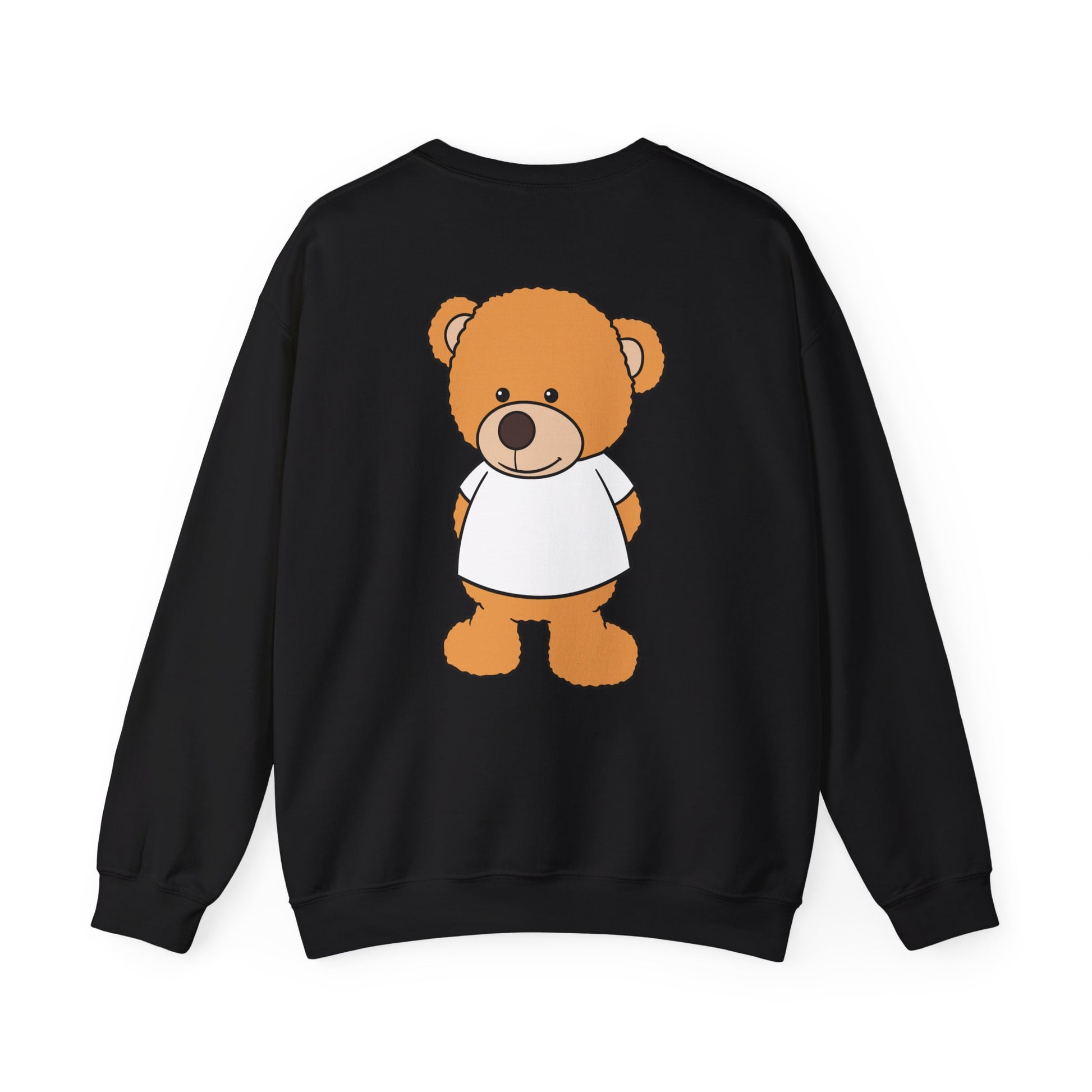 Black sweatshirt with a cartoon bear design on the back against a white background