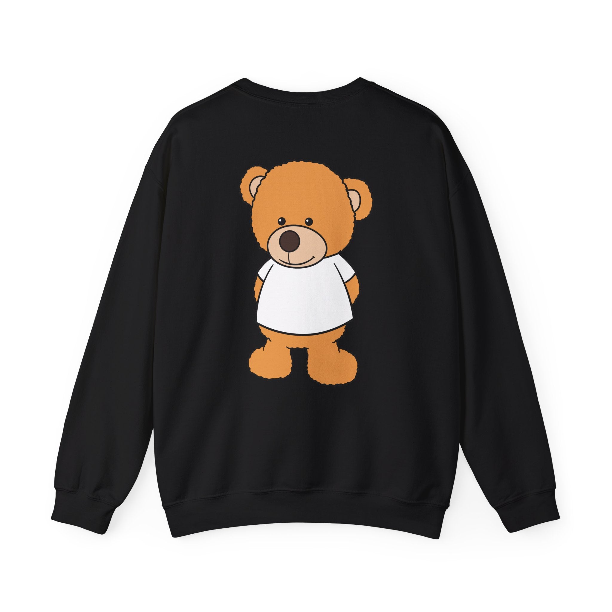Black sweatshirt with a cartoon bear design on the back against a white background