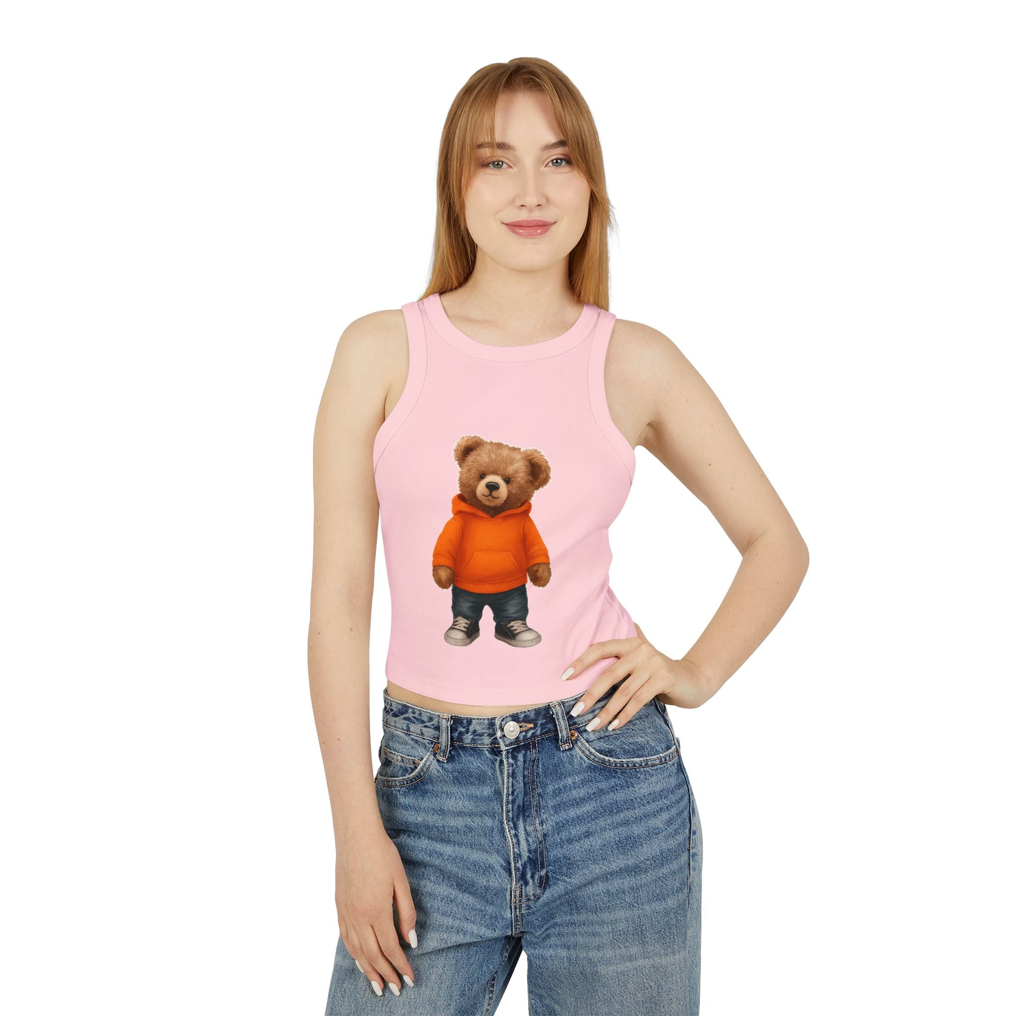 Trendy Bear Print Racer Tank Top for Women, Casual Summer Top, Cute Beachwear, Gift for Her, Festival Fashion, Stylish Comfort