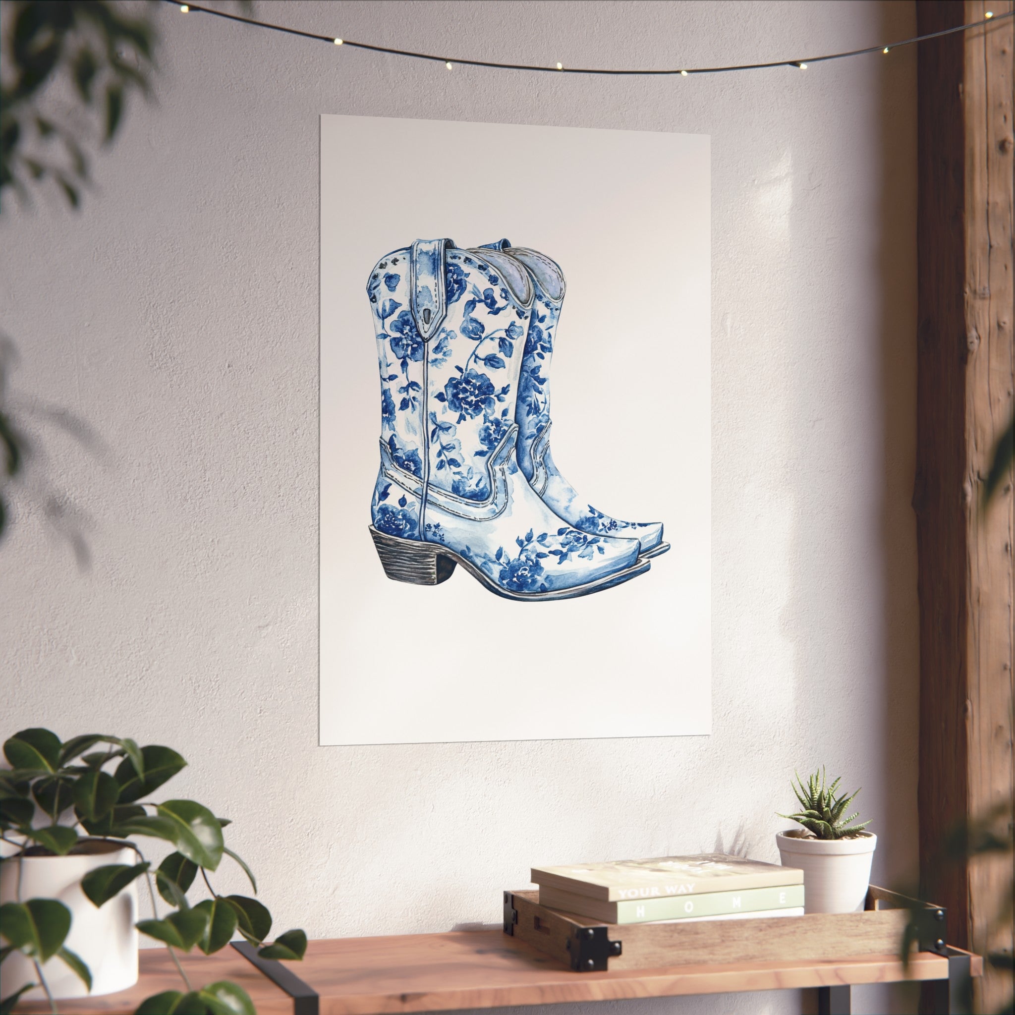 Blue Floral Cowboy Boots Art Print, Dorm Room Decor Rustic Home Art, Gift for Cowgirl, Country Decor, Bohemian Style