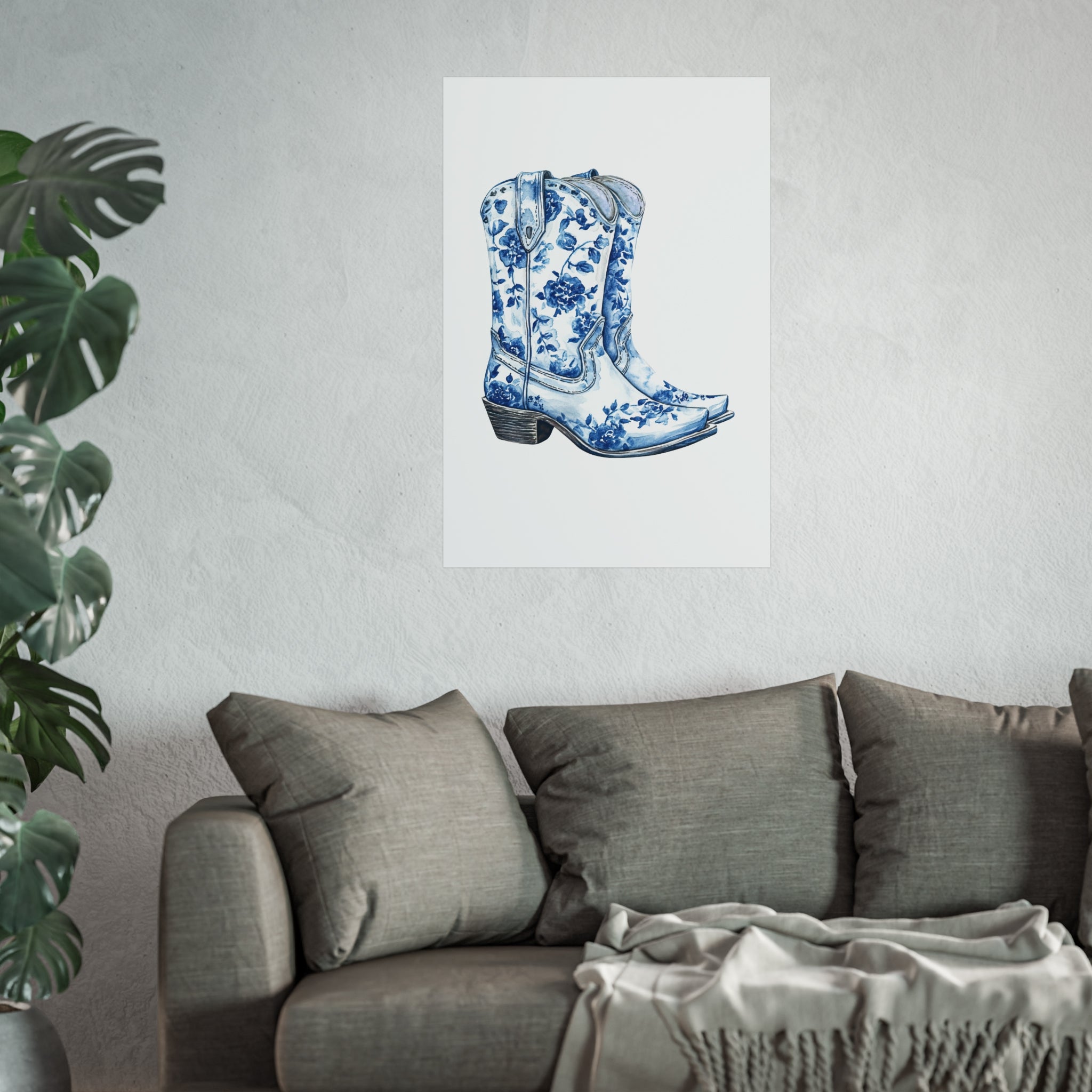 Blue Floral Cowboy Boots Art Print, Dorm Room Decor Rustic Home Art, Gift for Cowgirl, Country Decor, Bohemian Style