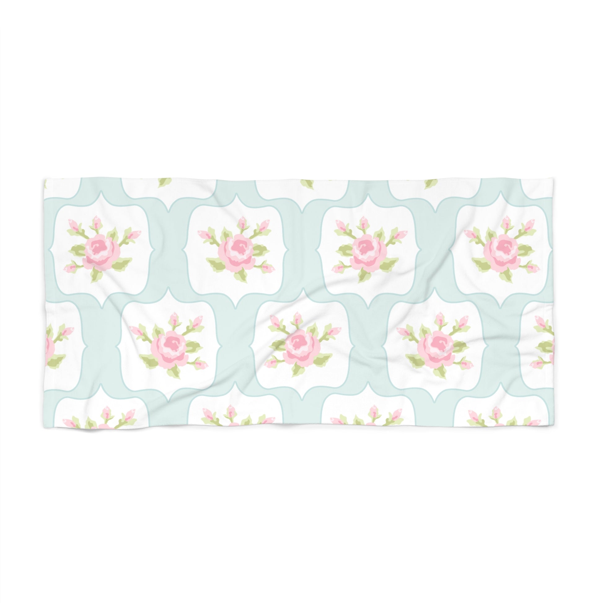 Floral patterned fabric with pink roses on a light blue background