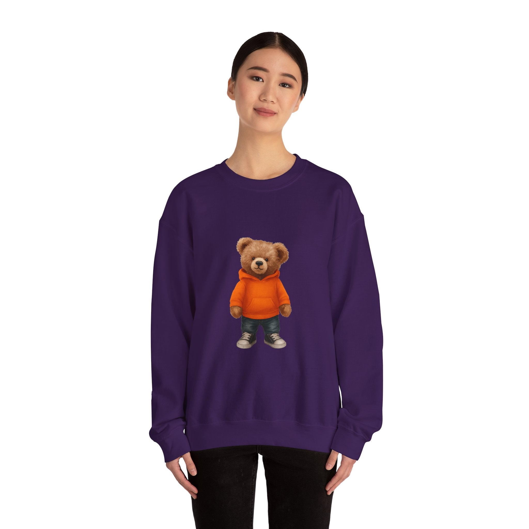 CUSTOMIZABLE Trendy Bear with Orange Hoodie Cozy Bear Crewneck Sweatshirt