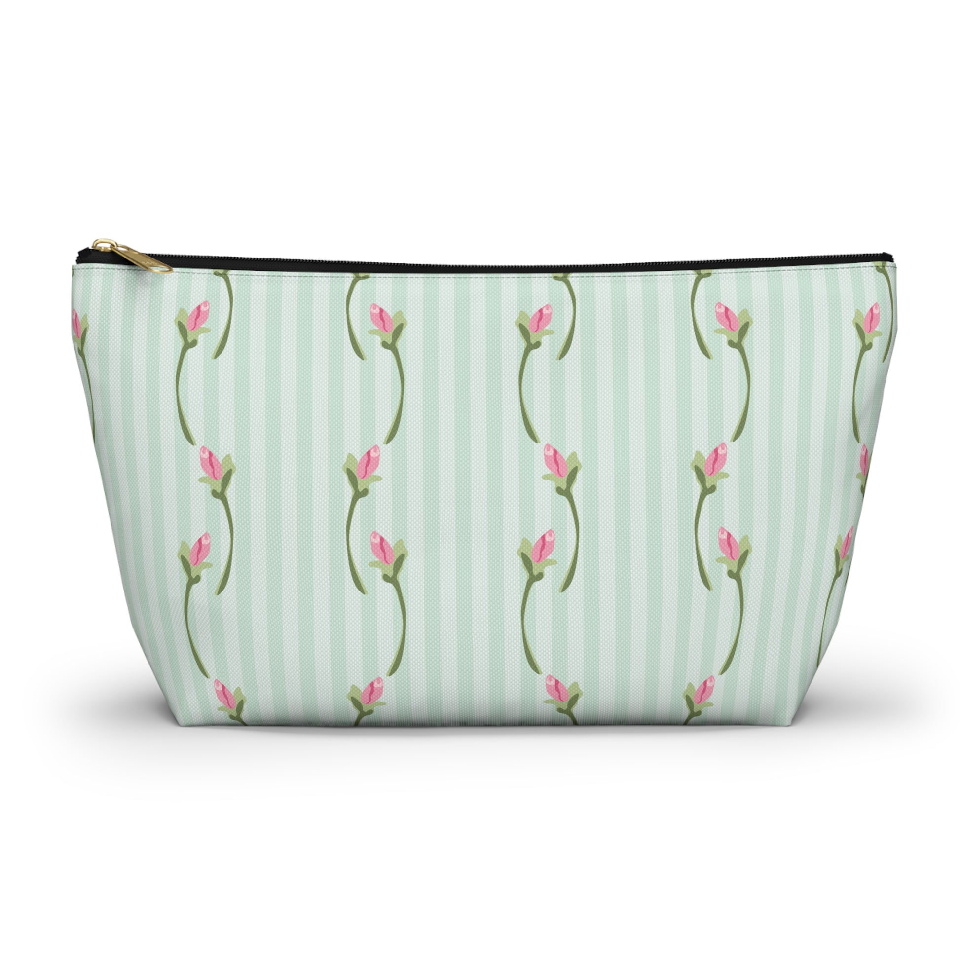 Cosmetic bag with floral pattern on a light green striped background