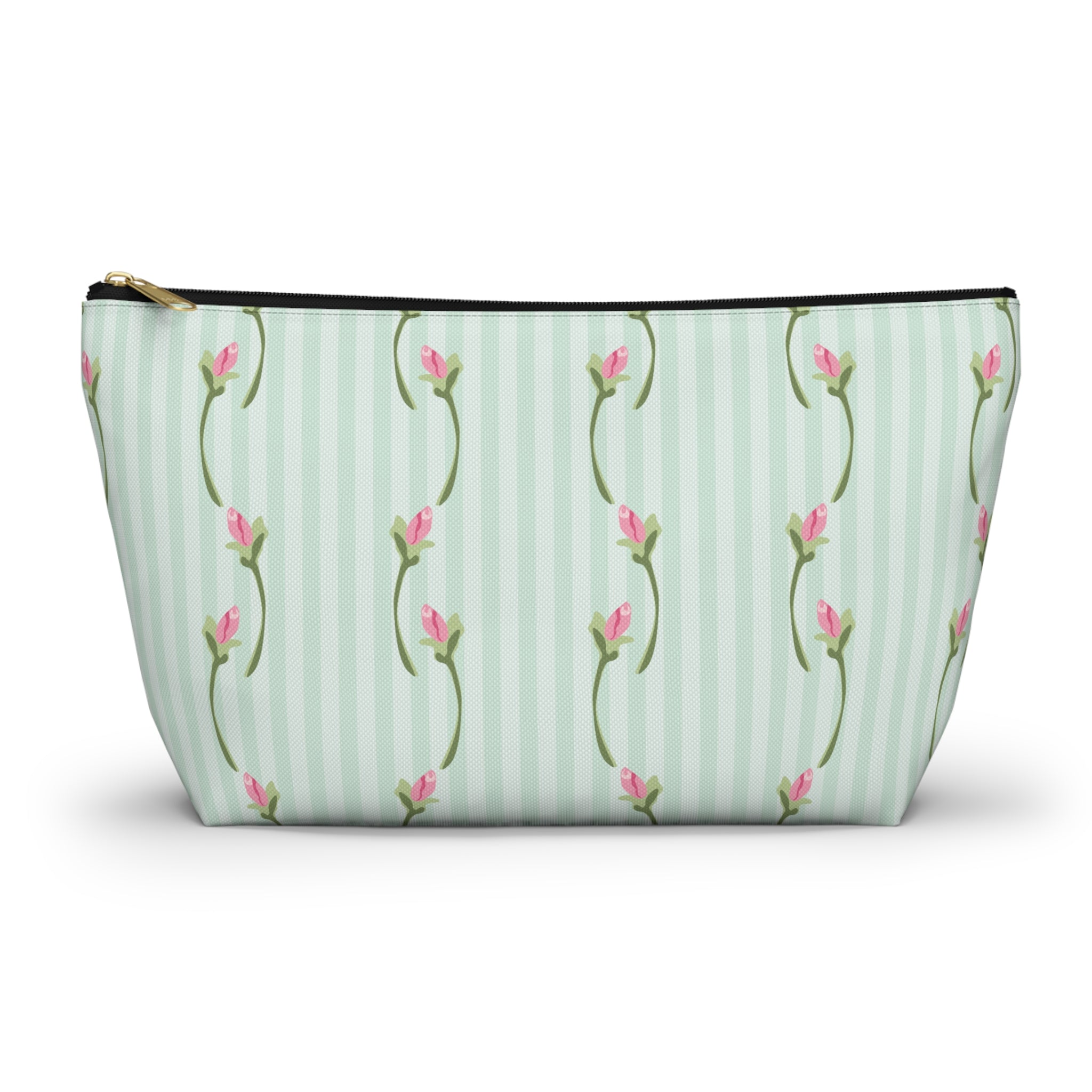 Cosmetic bag with floral pattern on a light green striped background