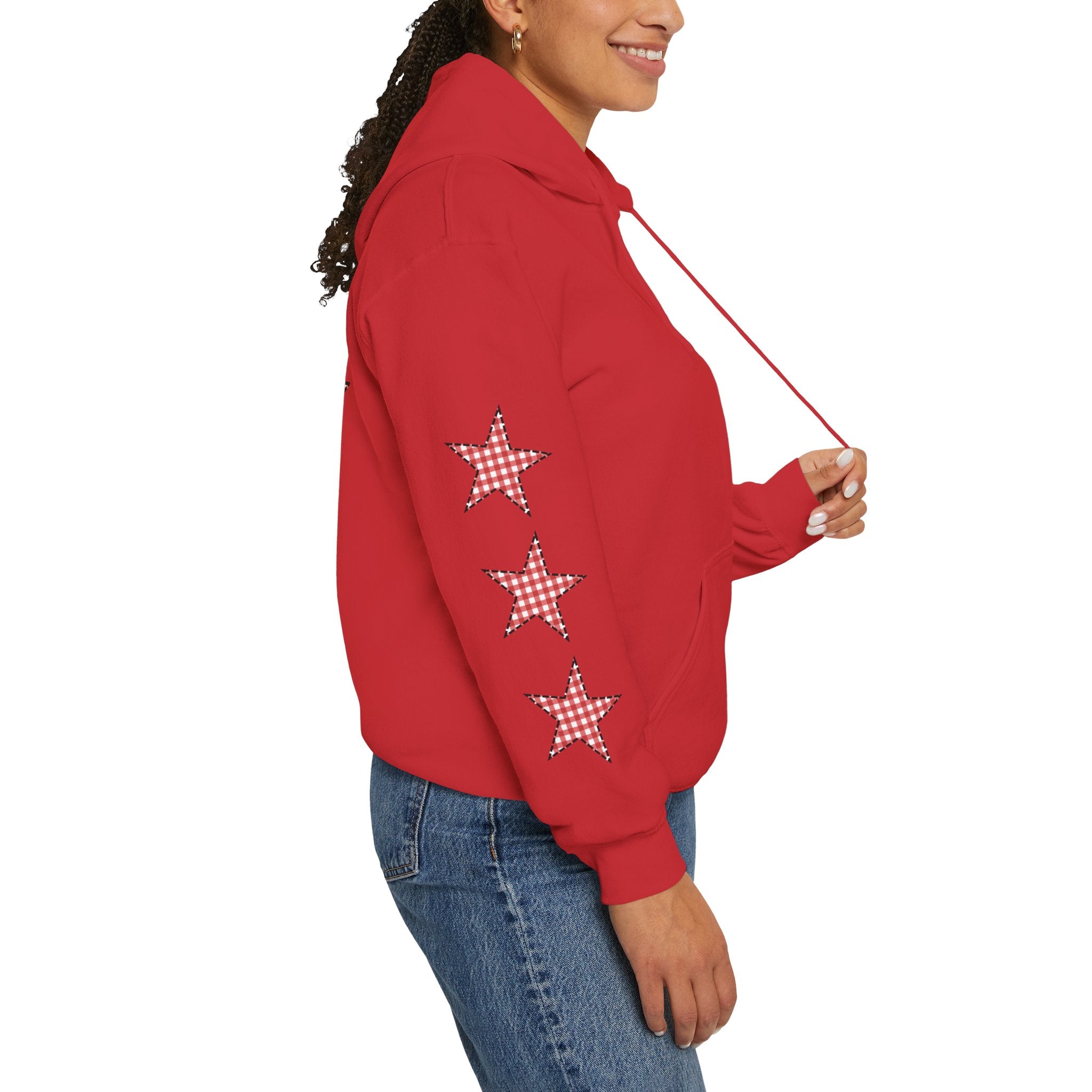 Red Gingham Star Hoodie, Cozy Winter Sweatshirt, Casual Unisex Outerwear, Perfect Gift for Birthdays, Holidays, and Trendy Outfits