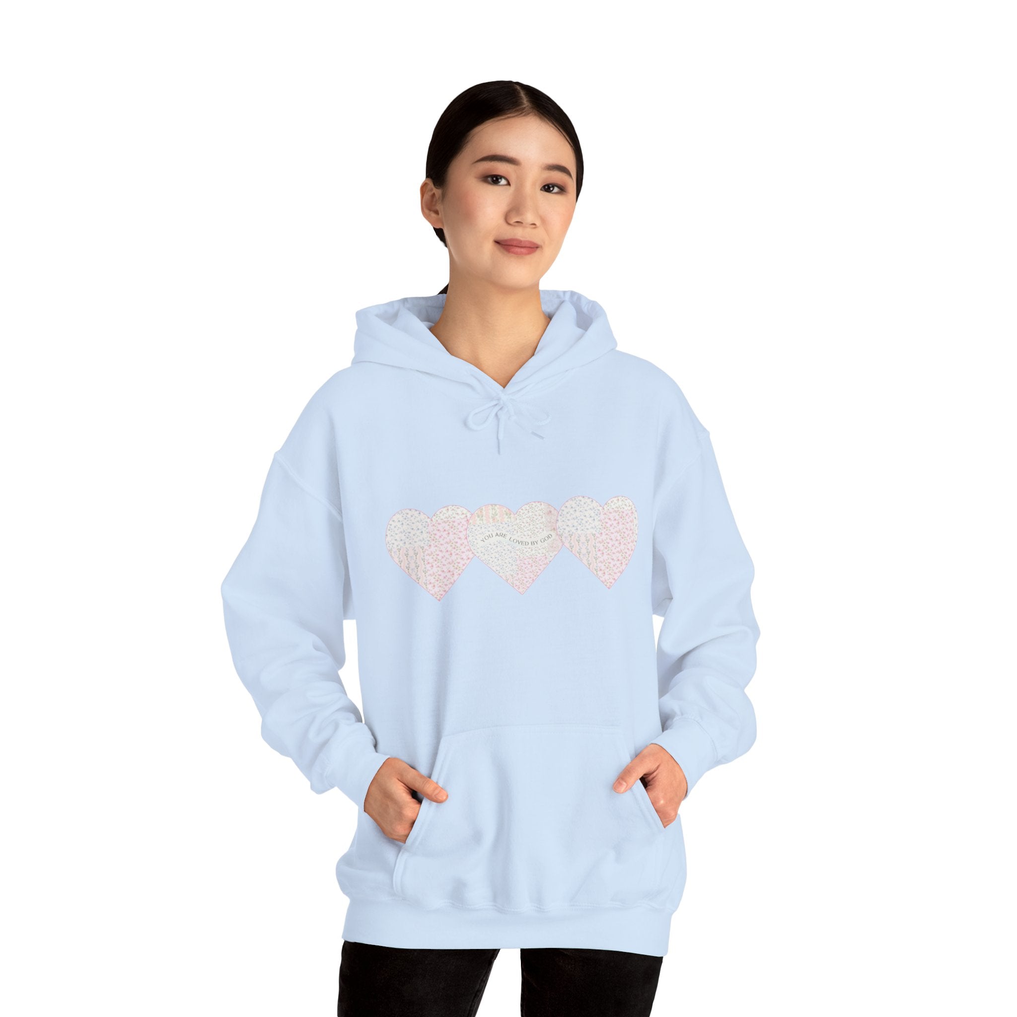 You Are Loved By God Heartfelt Hoodie with Patchwork Hearts Design