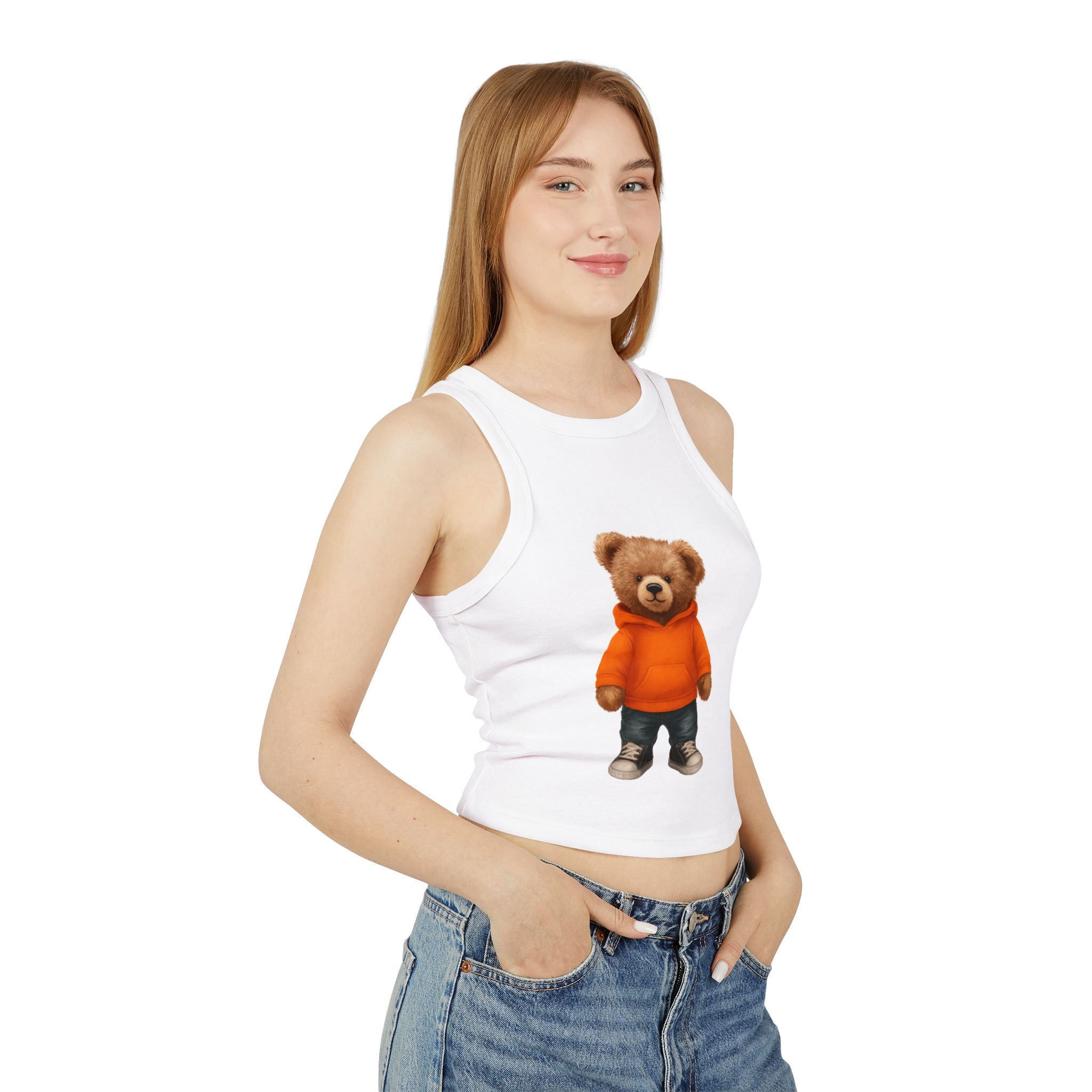 Trendy Bear Print Racer Tank Top for Women, Casual Summer Top, Cute Beachwear, Gift for Her, Festival Fashion, Stylish Comfort