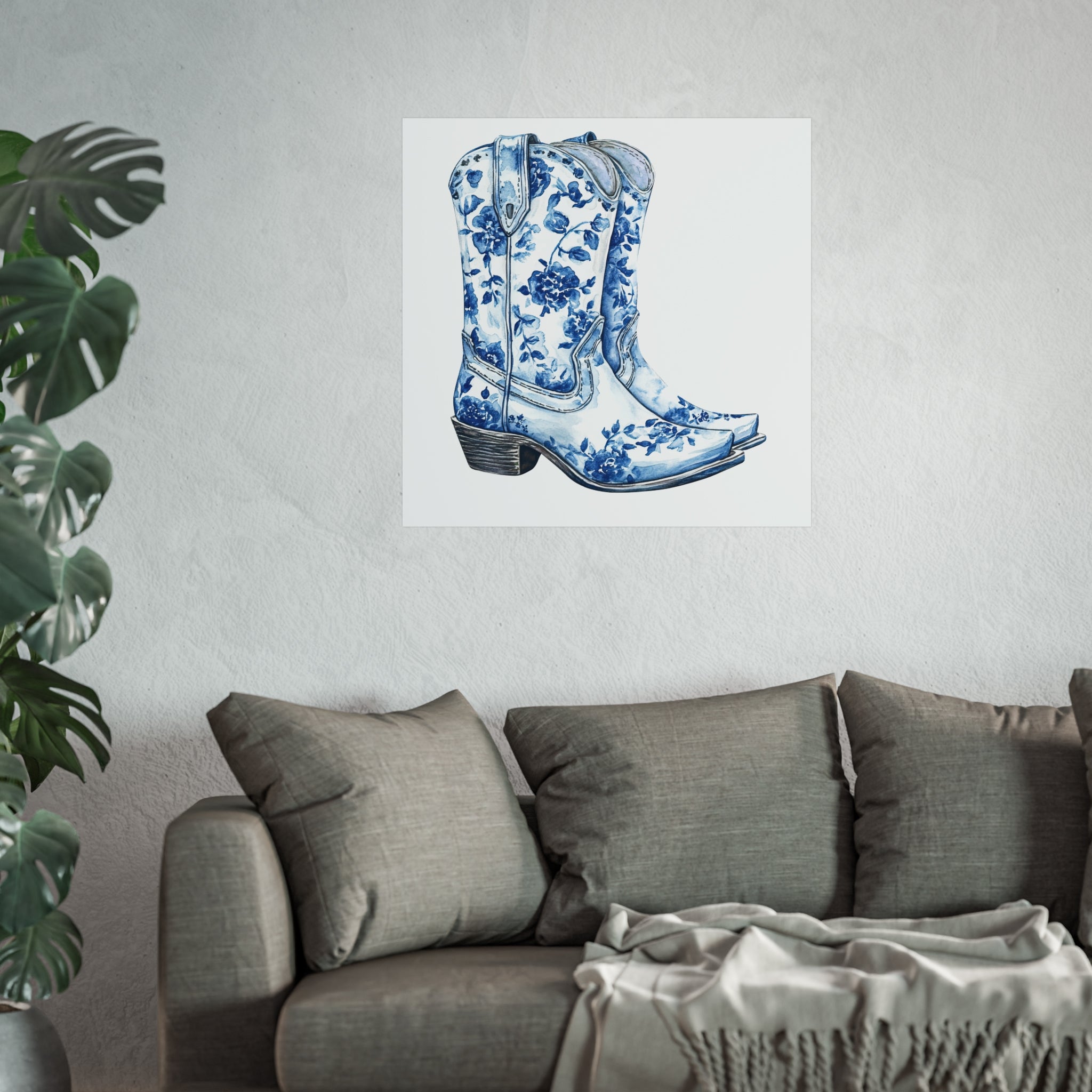 Blue Floral Cowboy Boots Art Print, Dorm Room Decor Rustic Home Art, Gift for Cowgirl, Country Decor, Bohemian Style