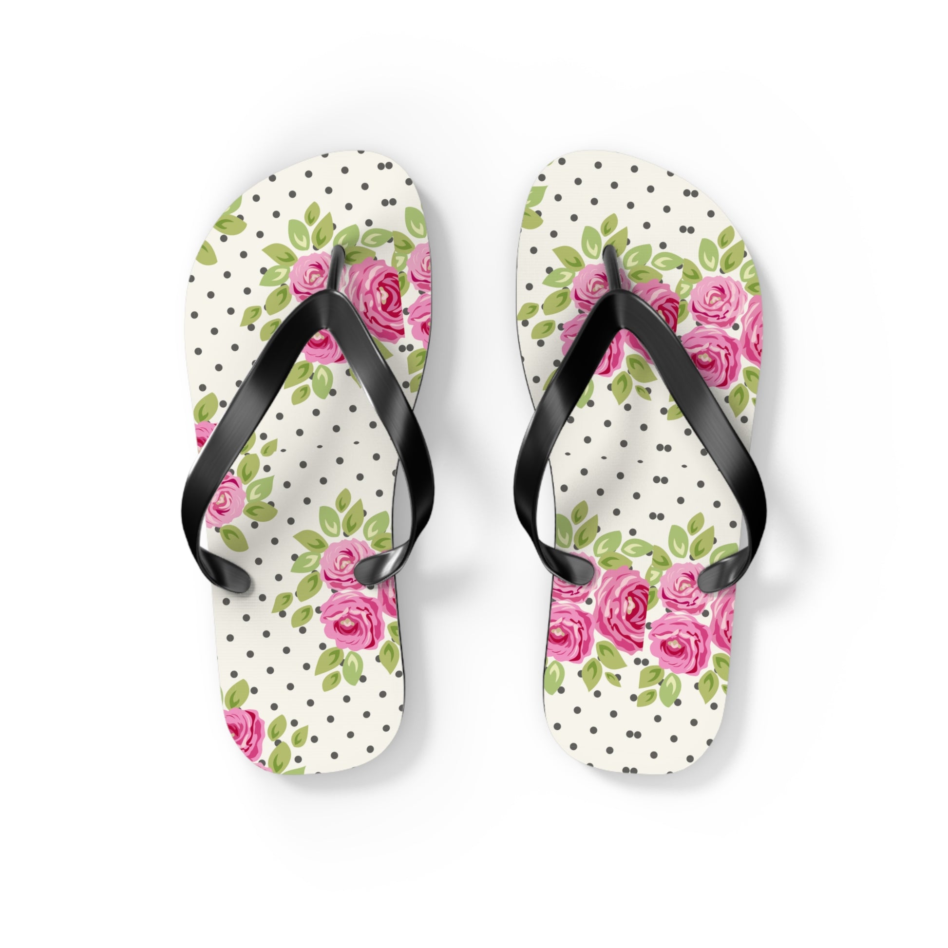Pair of flip-flops with floral design on a white background