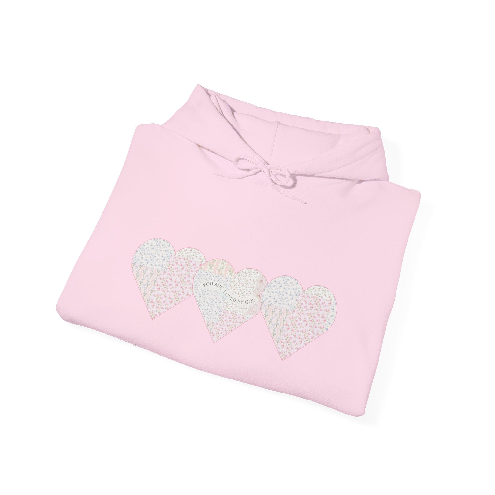 You Are Loved By God Heartfelt Hoodie with Patchwork Hearts Design