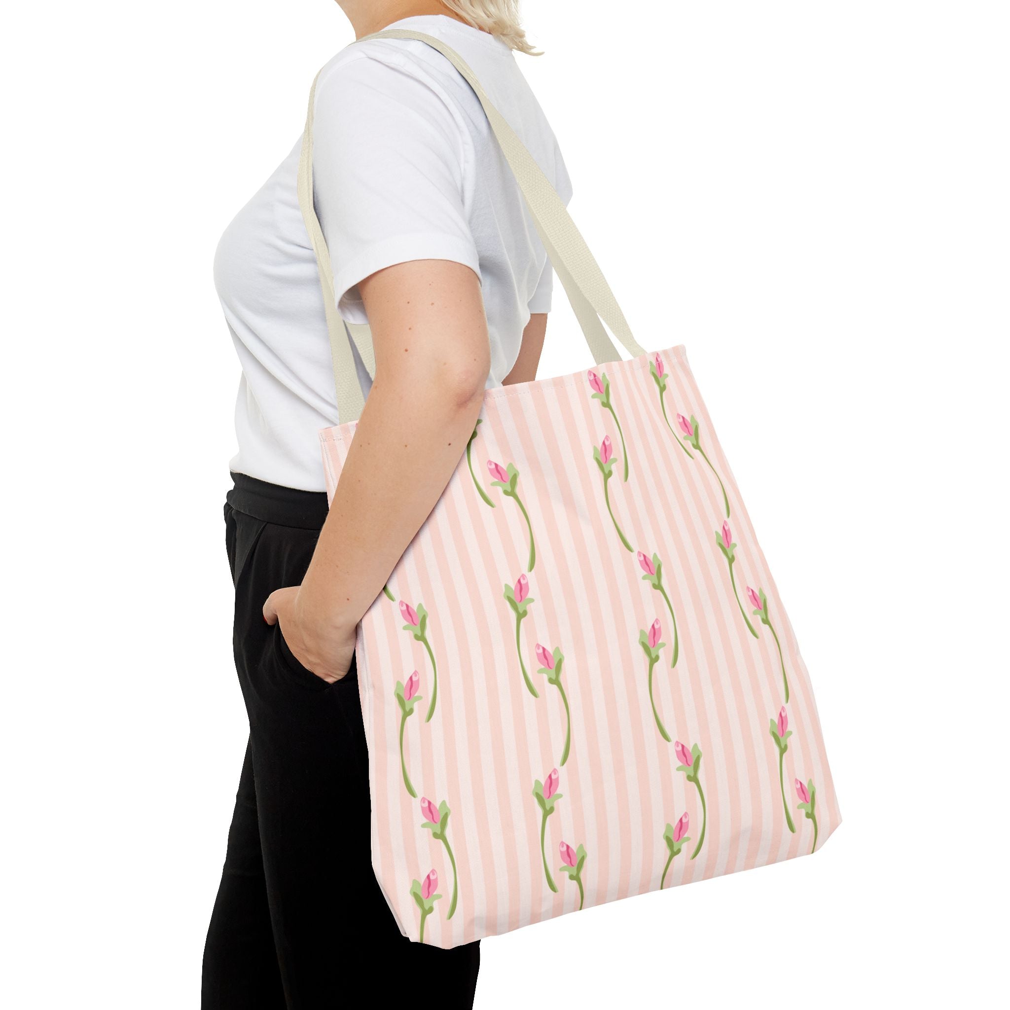 Customizable: Floral Stripe Tote Bag, Chic Shopping Tote, Spring Gift Bag, Eco-Friendly Reusable Bag, Perfect for Grad Gifts College Send off Gift