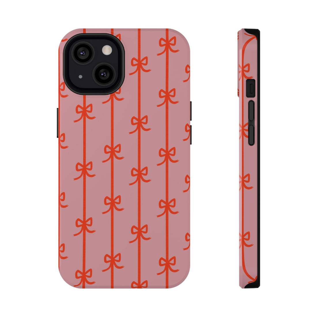 Phone case with red bow pattern on a pink background