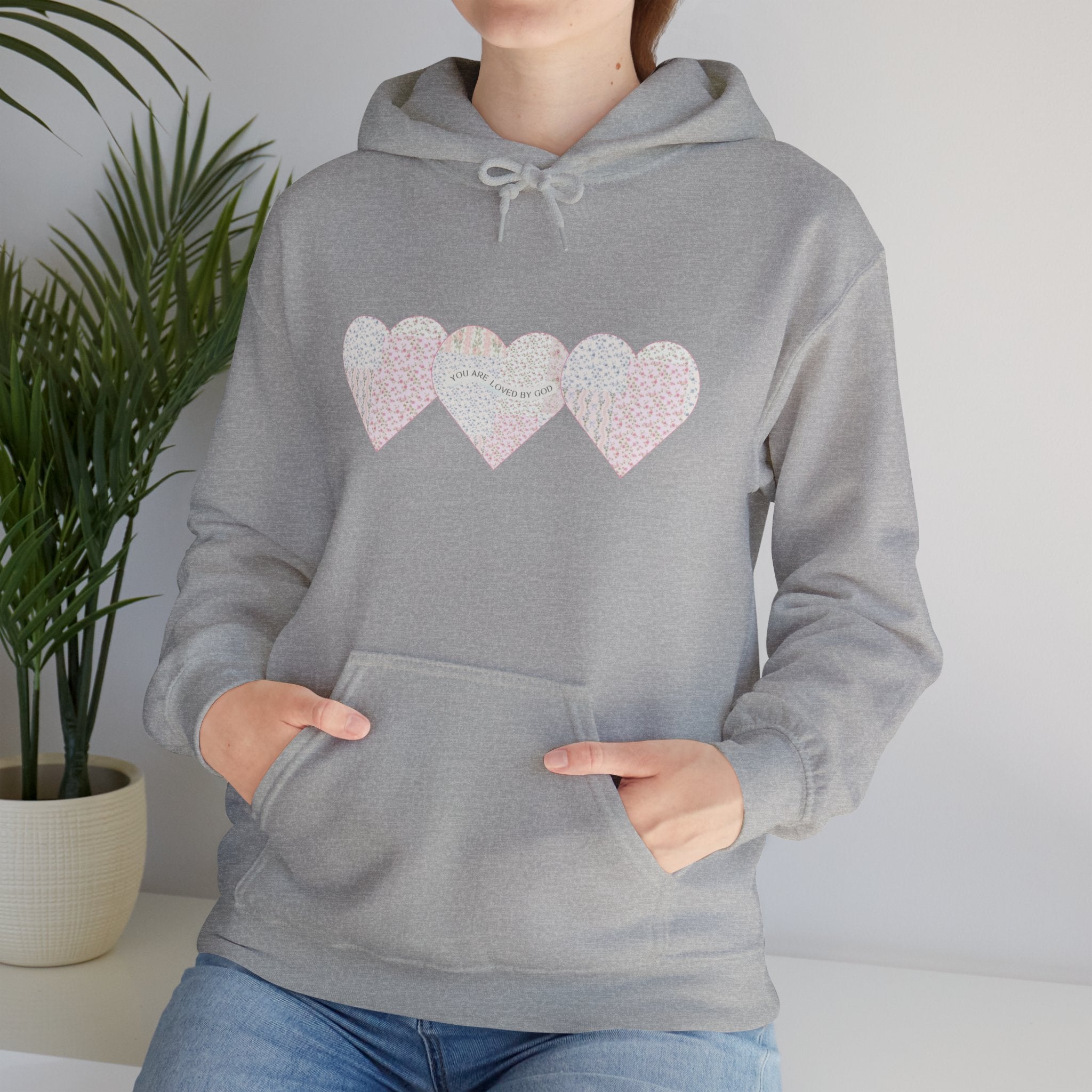 You Are Loved By God Heartfelt Hoodie with Patchwork Hearts Design