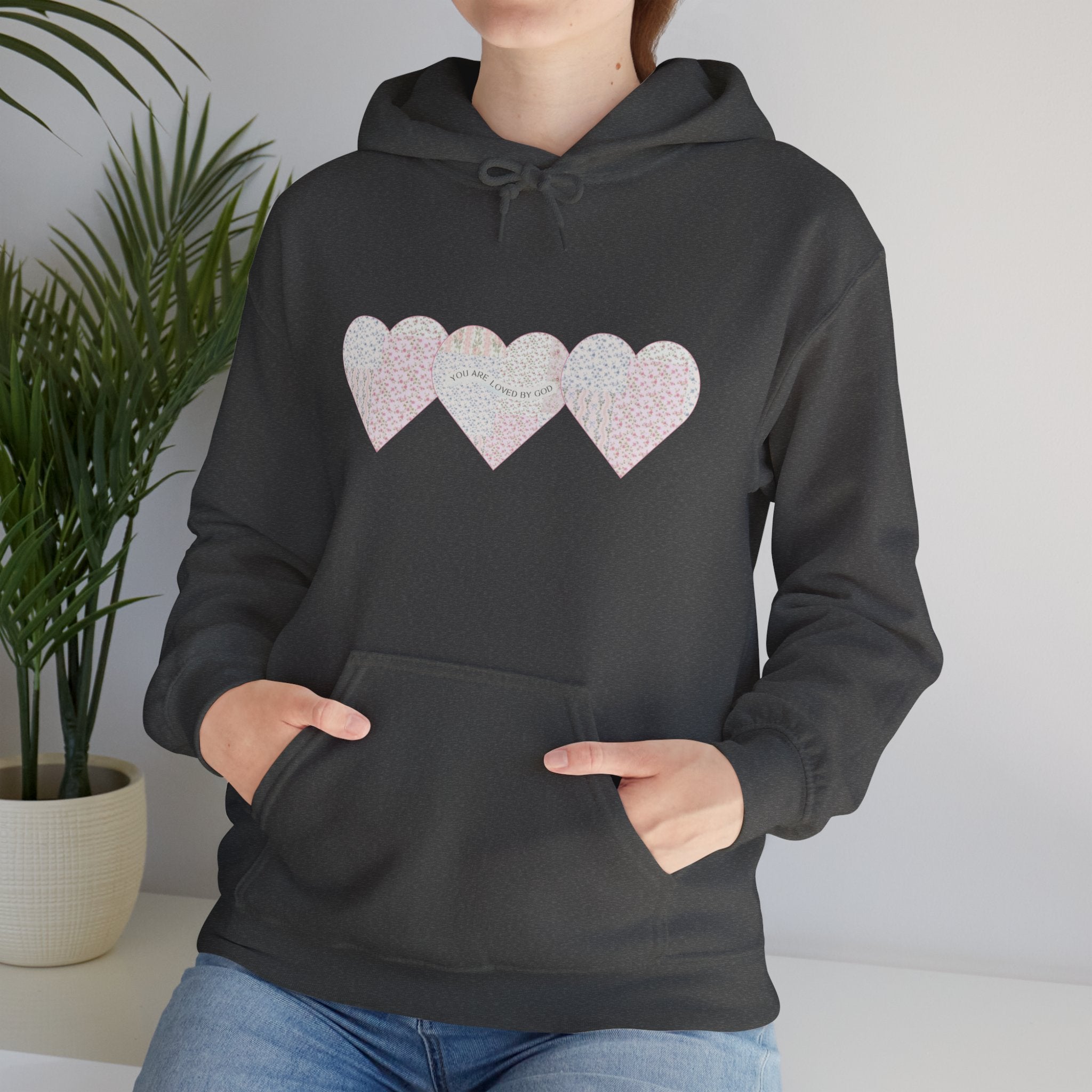 You Are Loved By God Heartfelt Hoodie with Patchwork Hearts Design