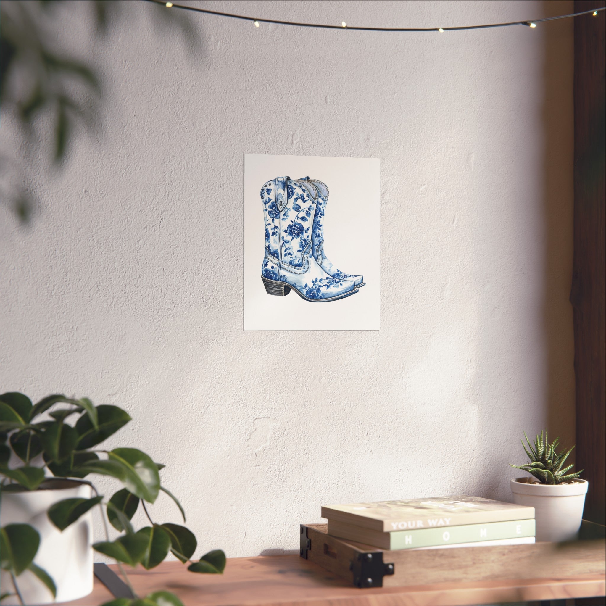 Blue Floral Cowboy Boots Art Print, Dorm Room Decor Rustic Home Art, Gift for Cowgirl, Country Decor, Bohemian Style