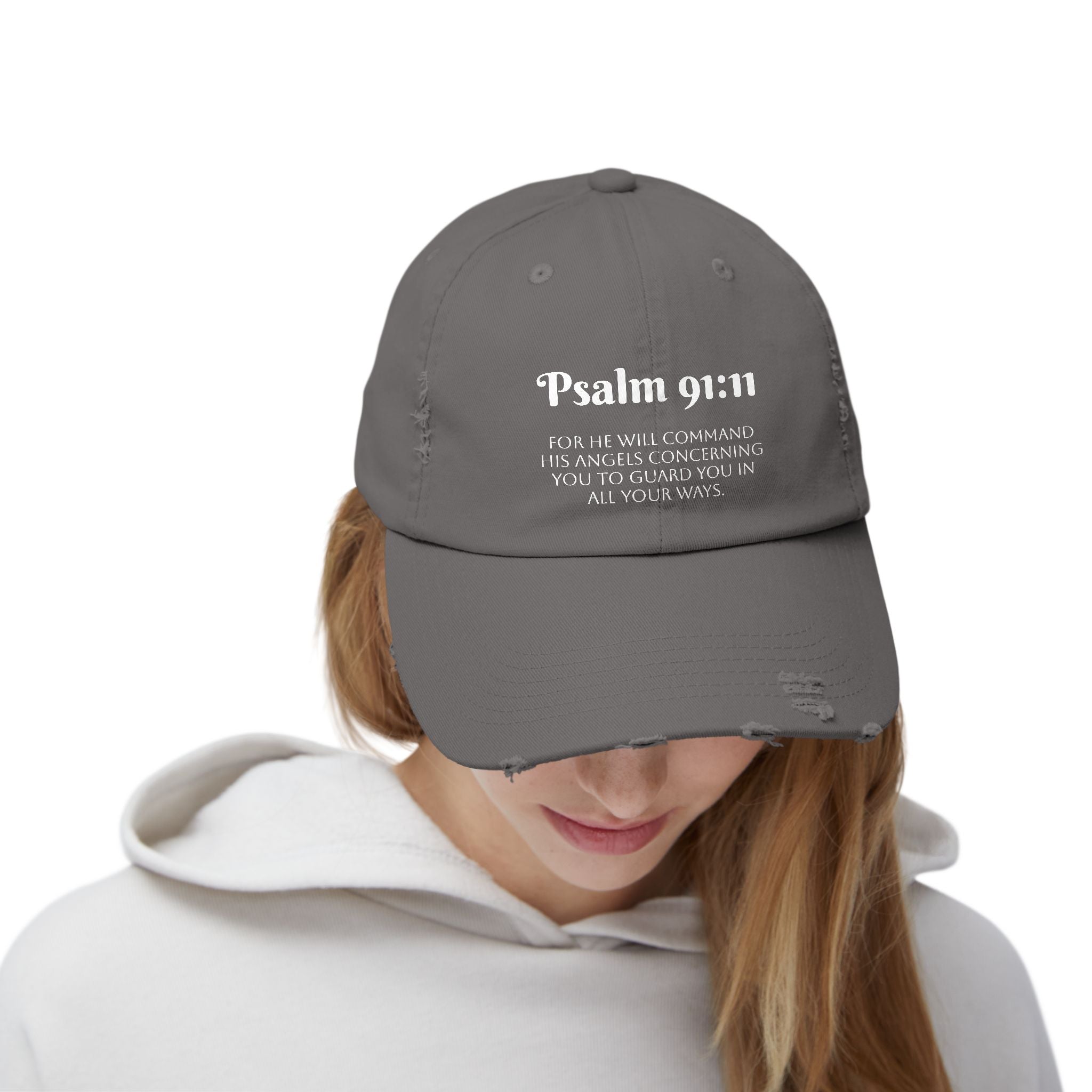 Faith-Inspired Unisex Distressed Cap, Psalm 91:11 Scripture Hat for Daily Wear, Inspirational Gift, Casual Style, Christian Faith