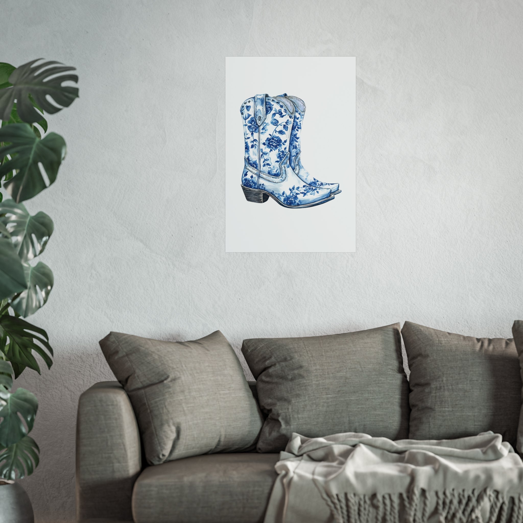 Blue Floral Cowboy Boots Art Print, Dorm Room Decor Rustic Home Art, Gift for Cowgirl, Country Decor, Bohemian Style