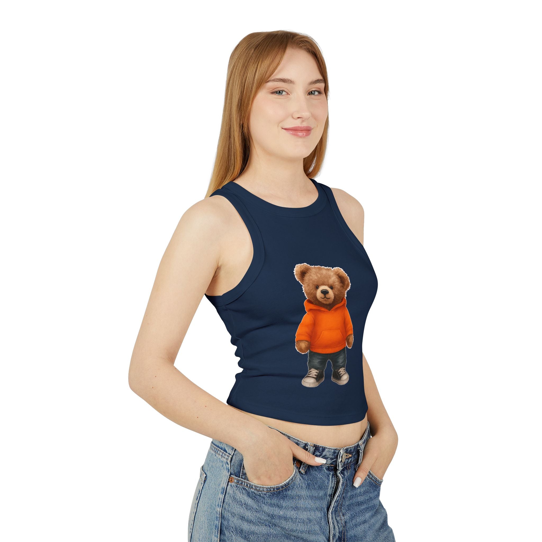 Trendy Bear Print Racer Tank Top for Women, Casual Summer Top, Cute Beachwear, Gift for Her, Festival Fashion, Stylish Comfort