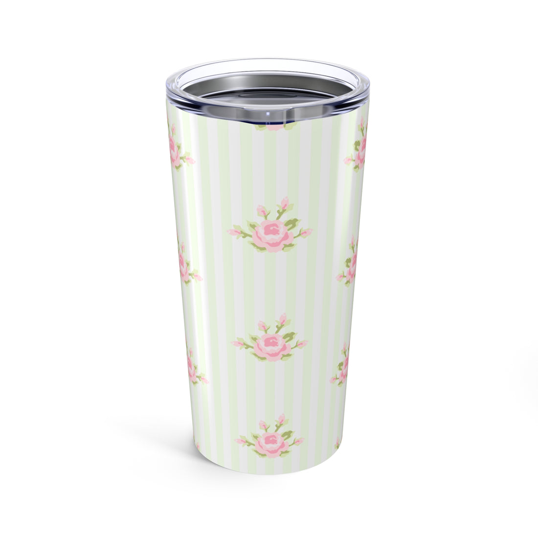 Tumbler with floral design on a white and green striped background