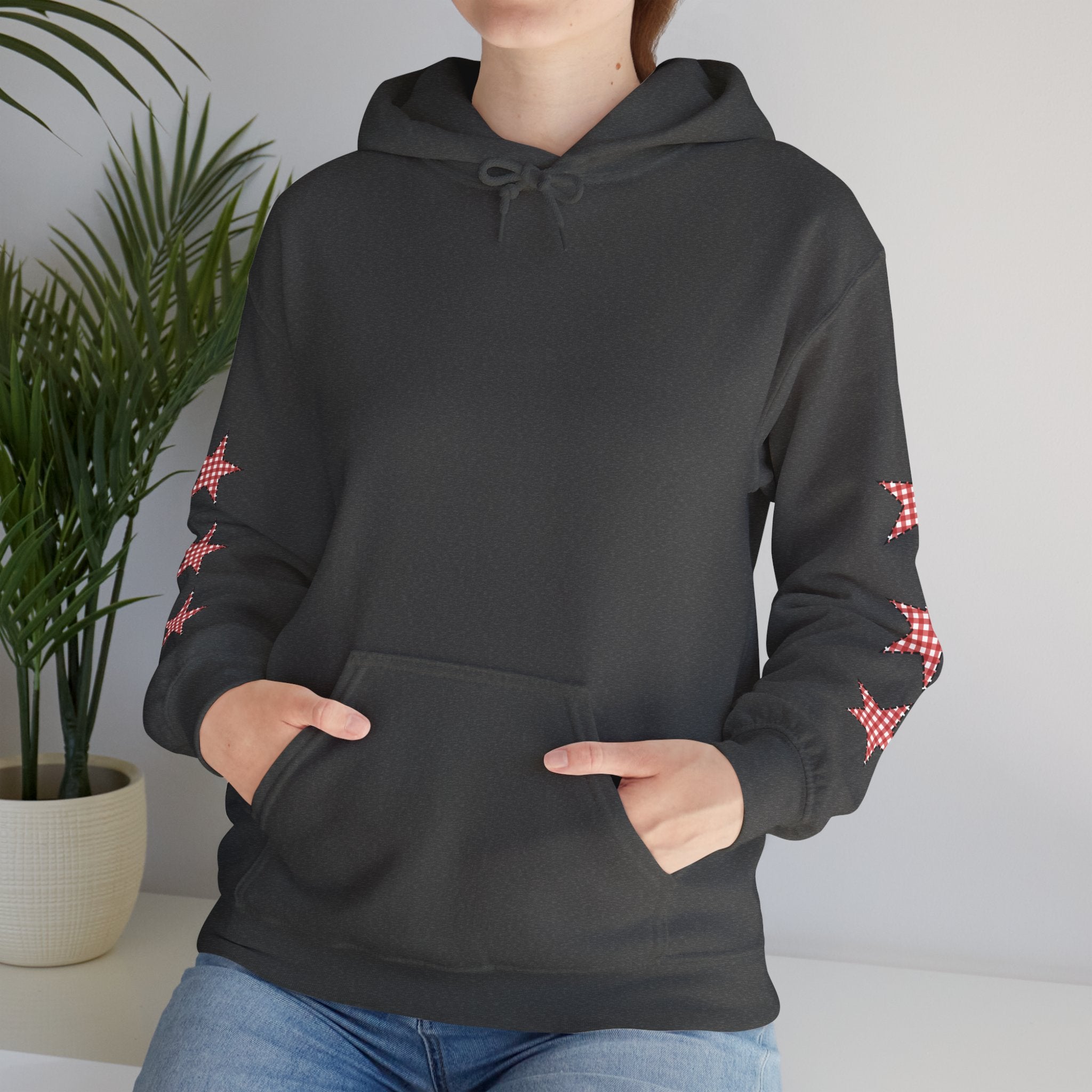 Red Gingham Star Hoodie, Cozy Winter Sweatshirt, Casual Unisex Outerwear, Perfect Gift for Birthdays, Holidays, and Trendy Outfits