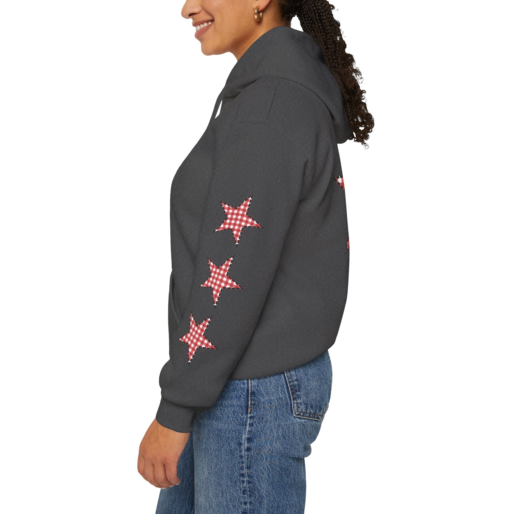 Red Gingham Star Hoodie, Cozy Winter Sweatshirt, Casual Unisex Outerwear, Perfect Gift for Birthdays, Holidays, and Trendy Outfits