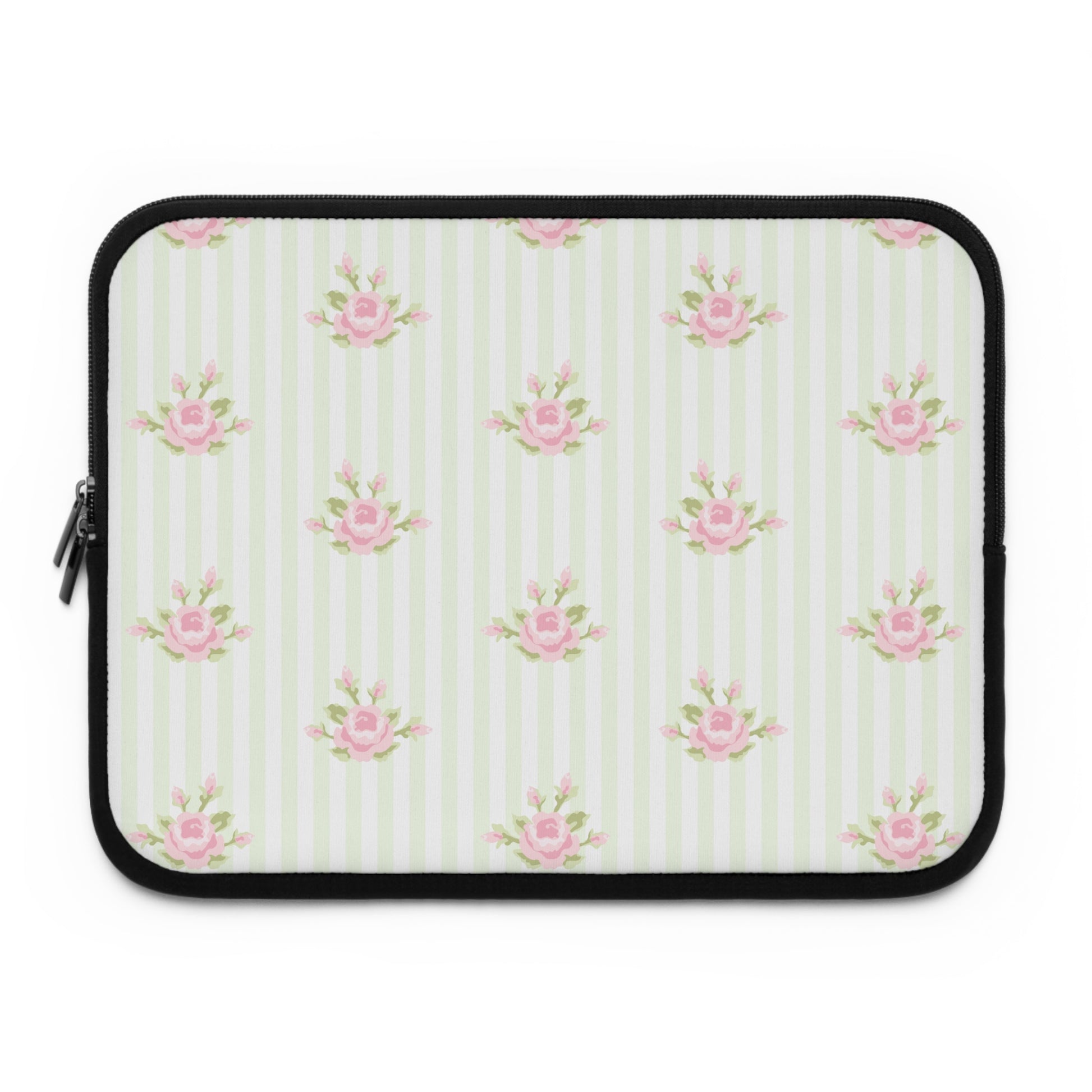 Laptop sleeve with pink floral pattern on a white background