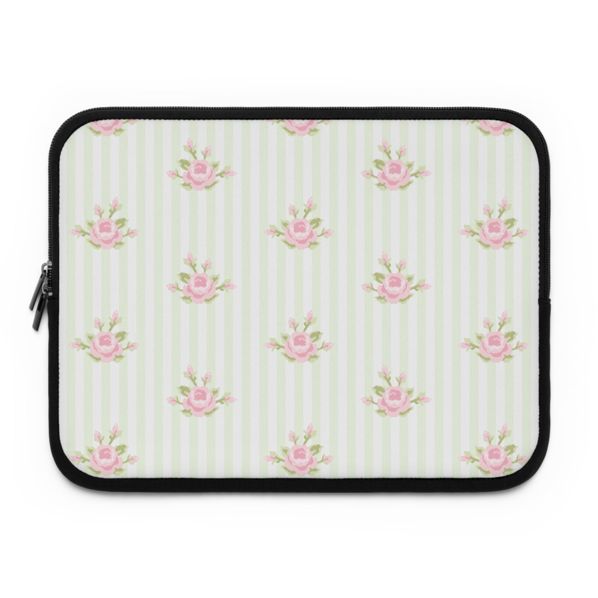 Laptop sleeve with pink floral pattern on a white background