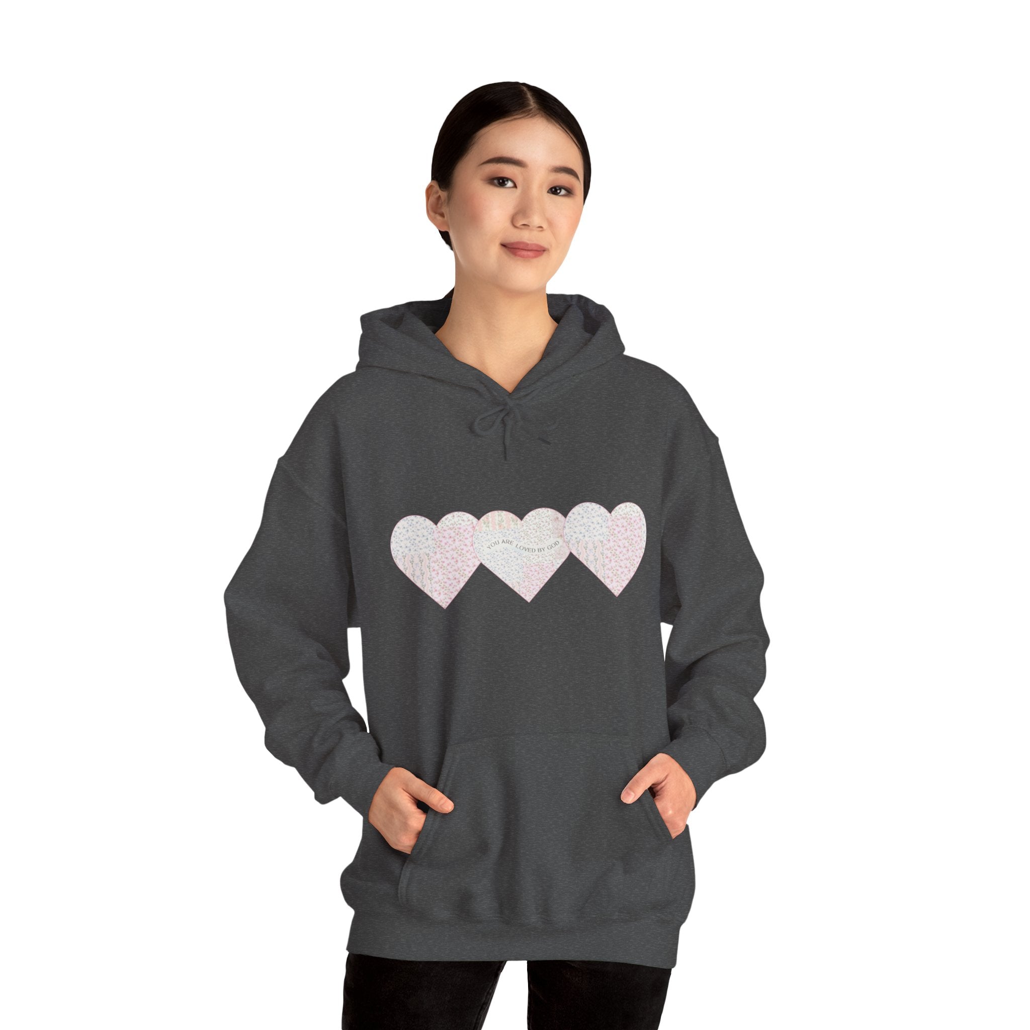 You Are Loved By God Heartfelt Hoodie with Patchwork Hearts Design