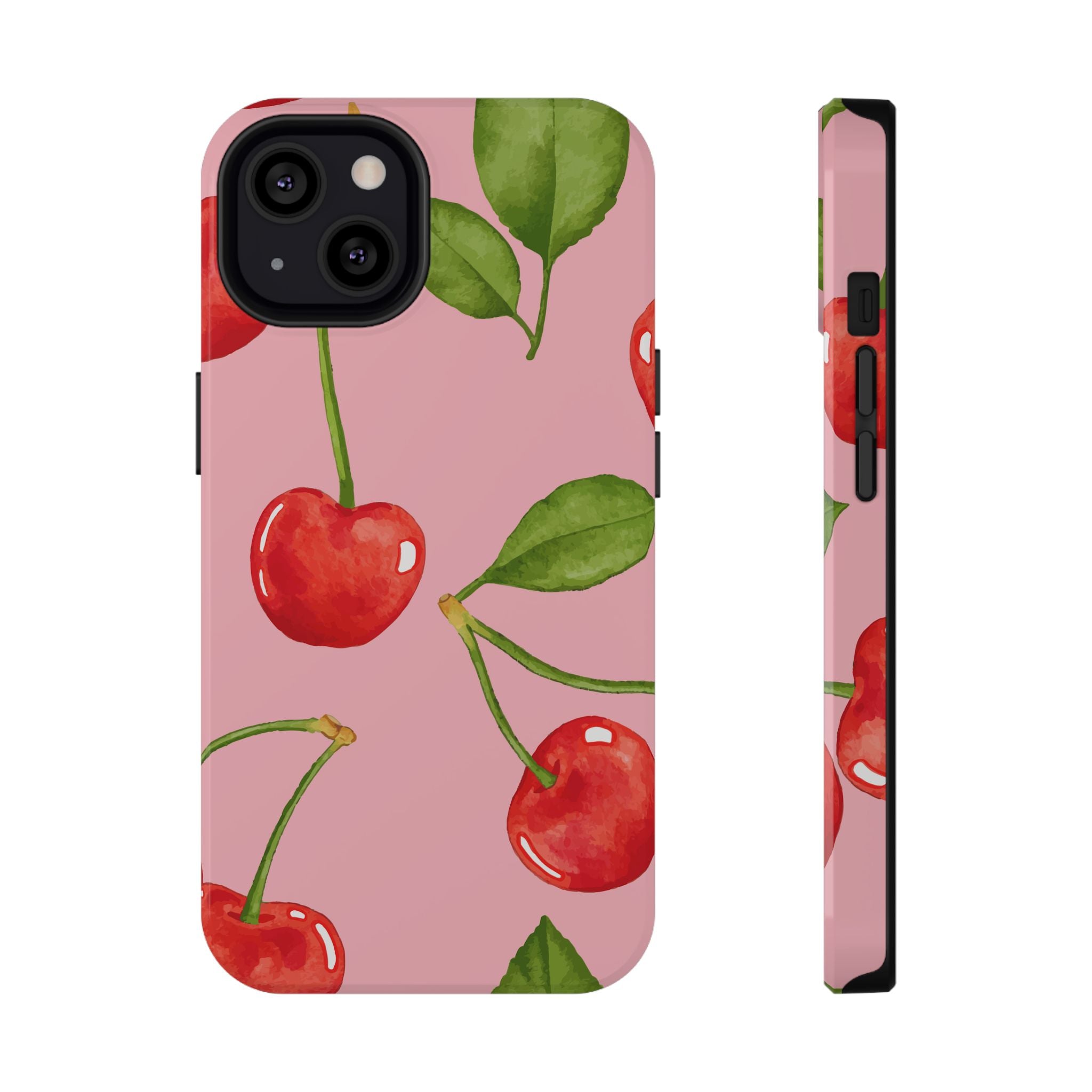 Phone case with cherry design on a pink background