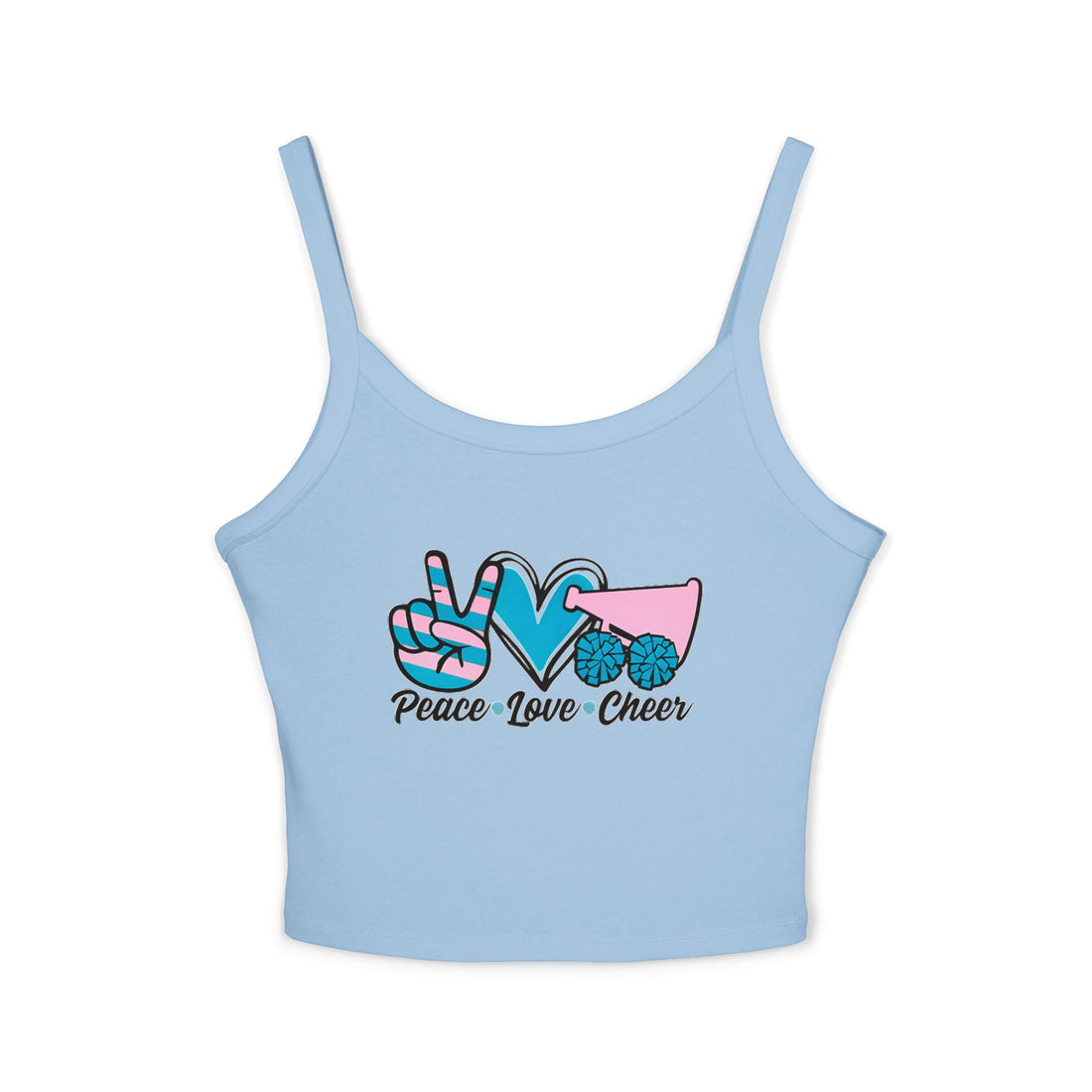 White tank top with 'Peace Love Cheer' design on a white background