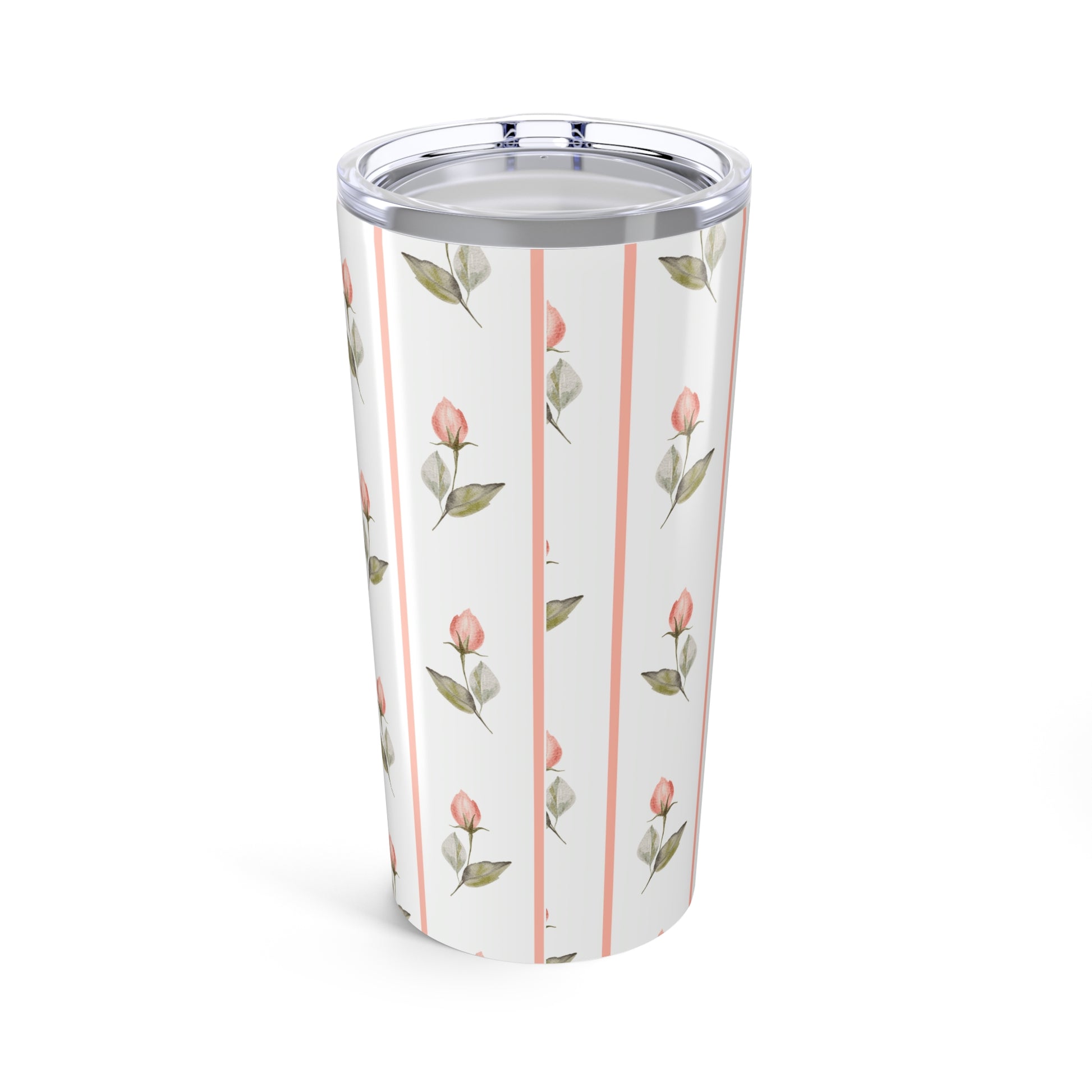 Tumbler with floral design and pink stripes on a white background