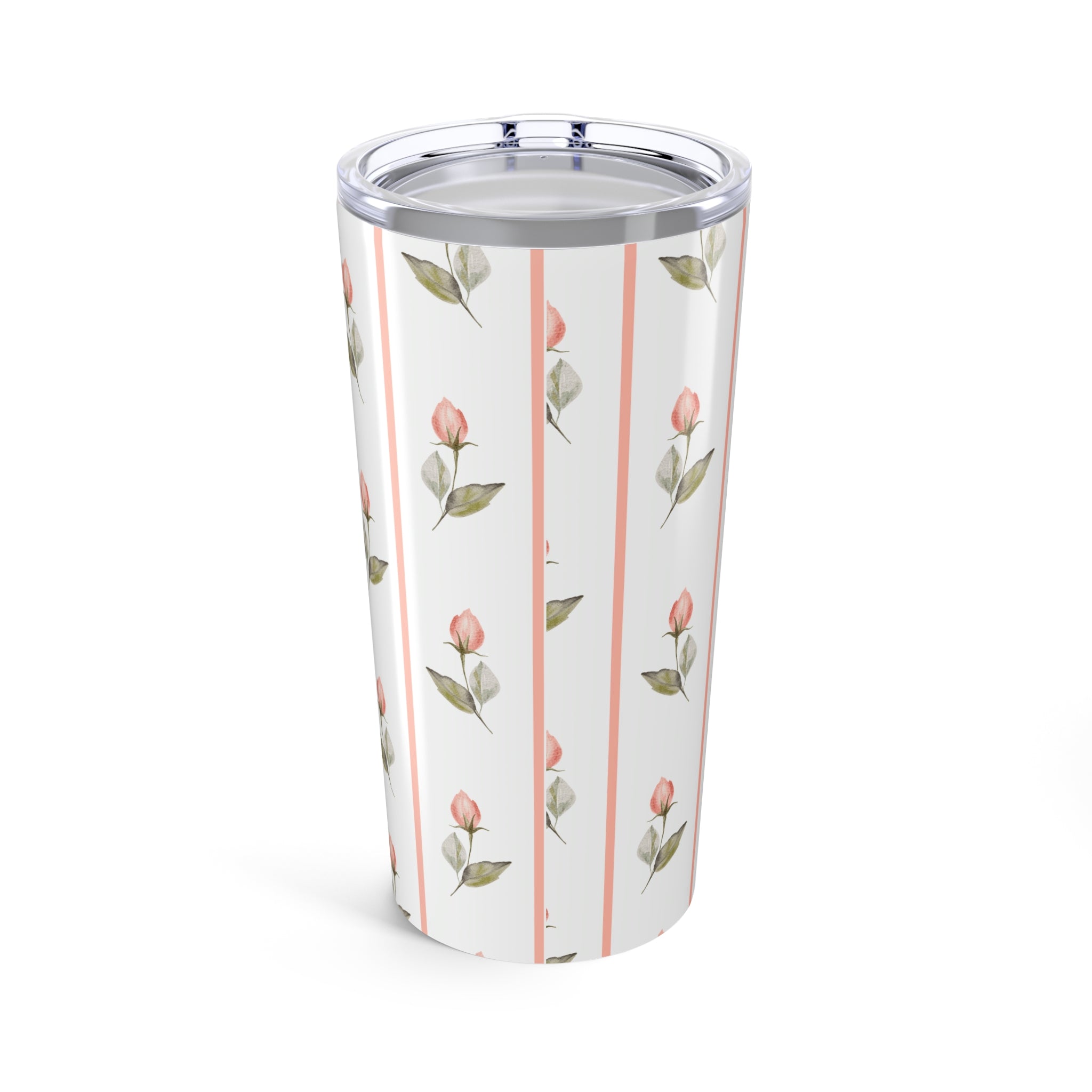 Tumbler with floral design and pink stripes on a white background
