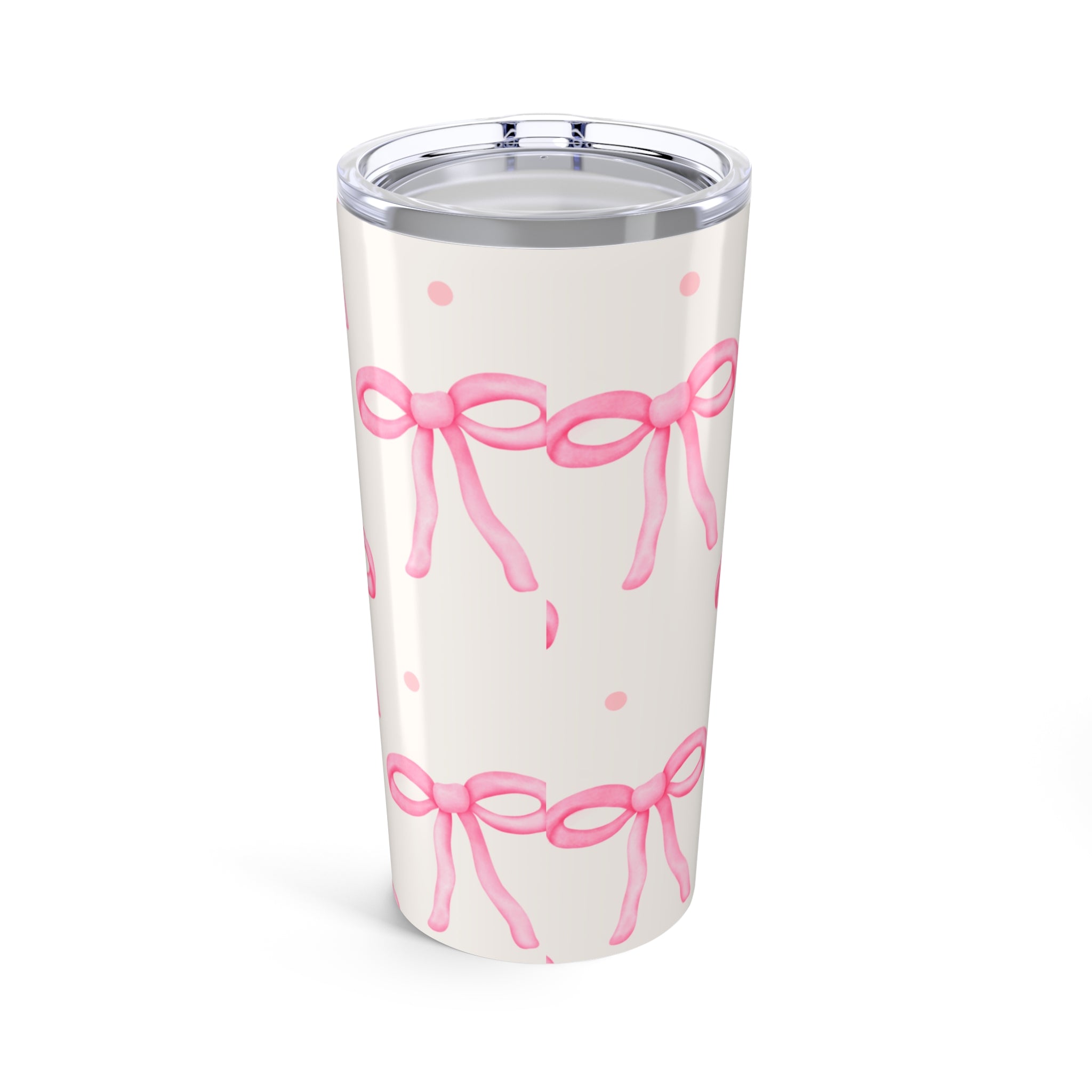 Tumbler with pink bow design on a white background