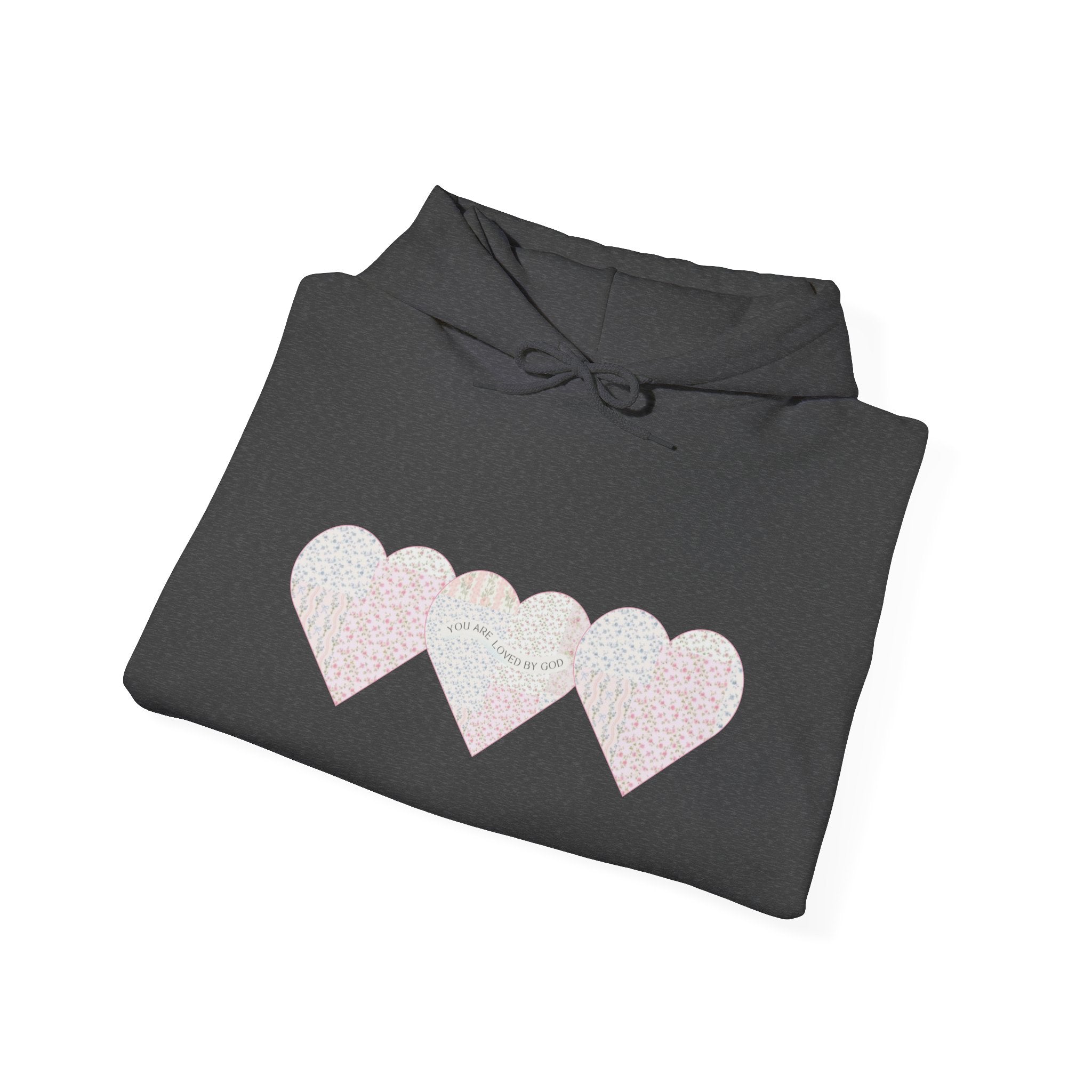 You Are Loved By God Heartfelt Hoodie with Patchwork Hearts Design
