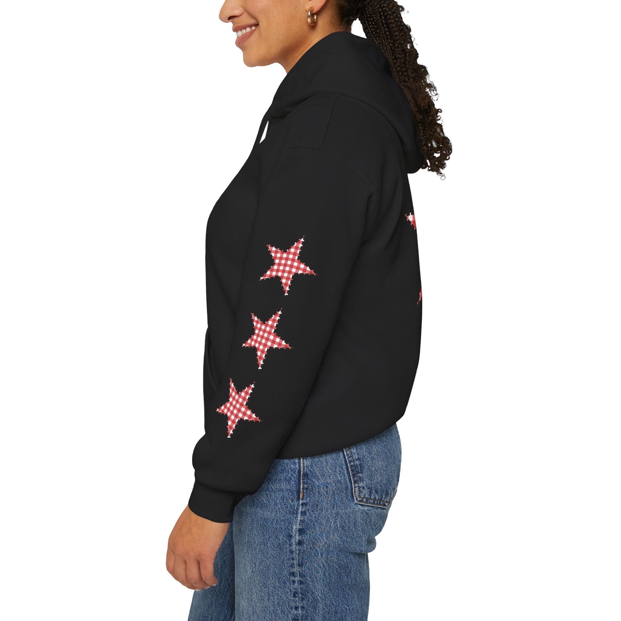 Red Gingham Star Hoodie, Cozy Winter Sweatshirt, Casual Unisex Outerwear, Perfect Gift for Birthdays, Holidays, and Trendy Outfits