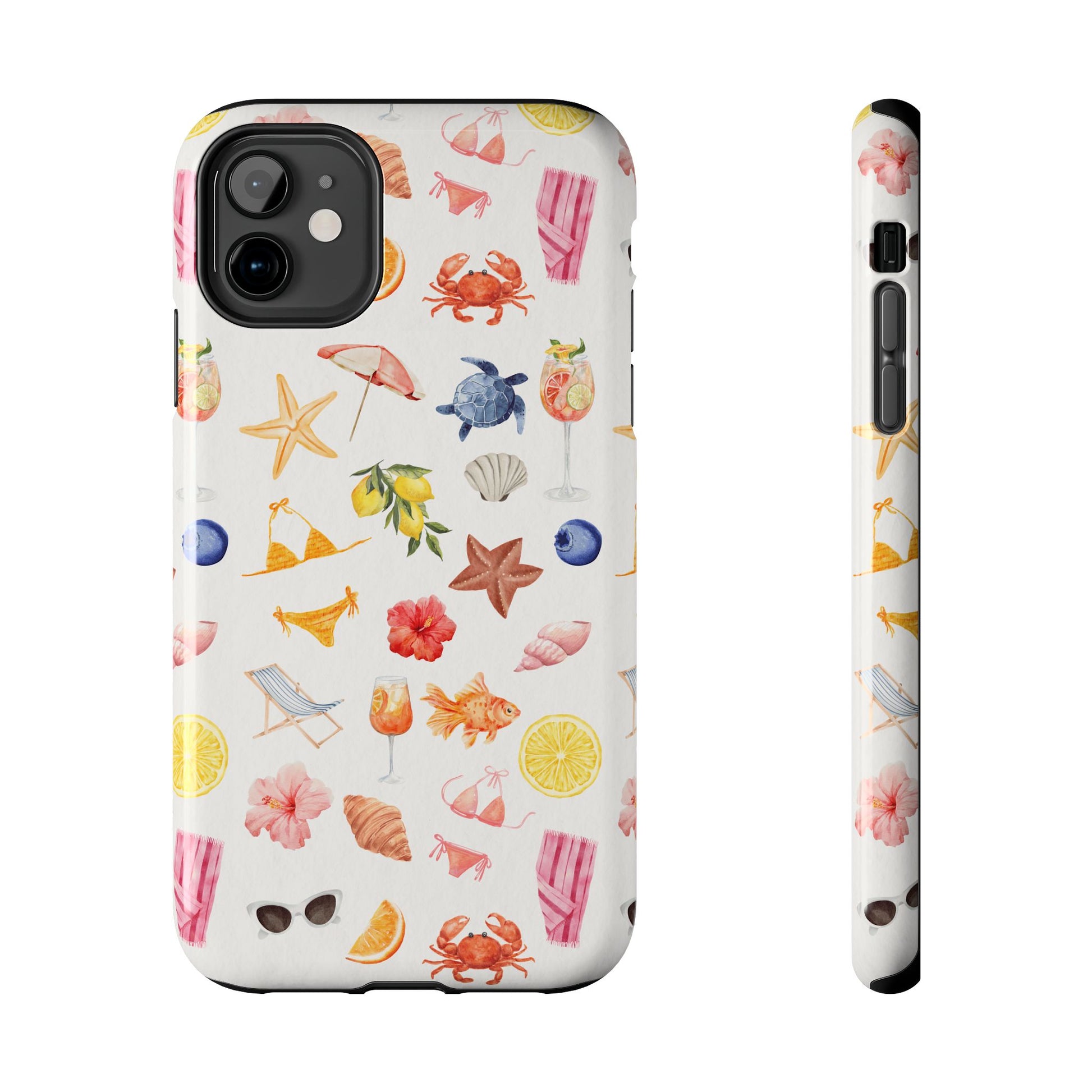 Phone case with summer-themed design featuring fruits, flowers, and beach items on a white background
