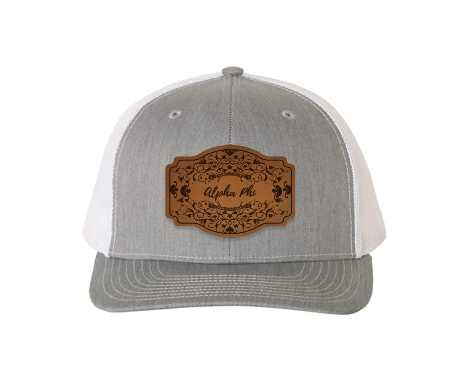 Alpha Phi Richardson 112 Leatherette Patch Trucker Hat - Scroll