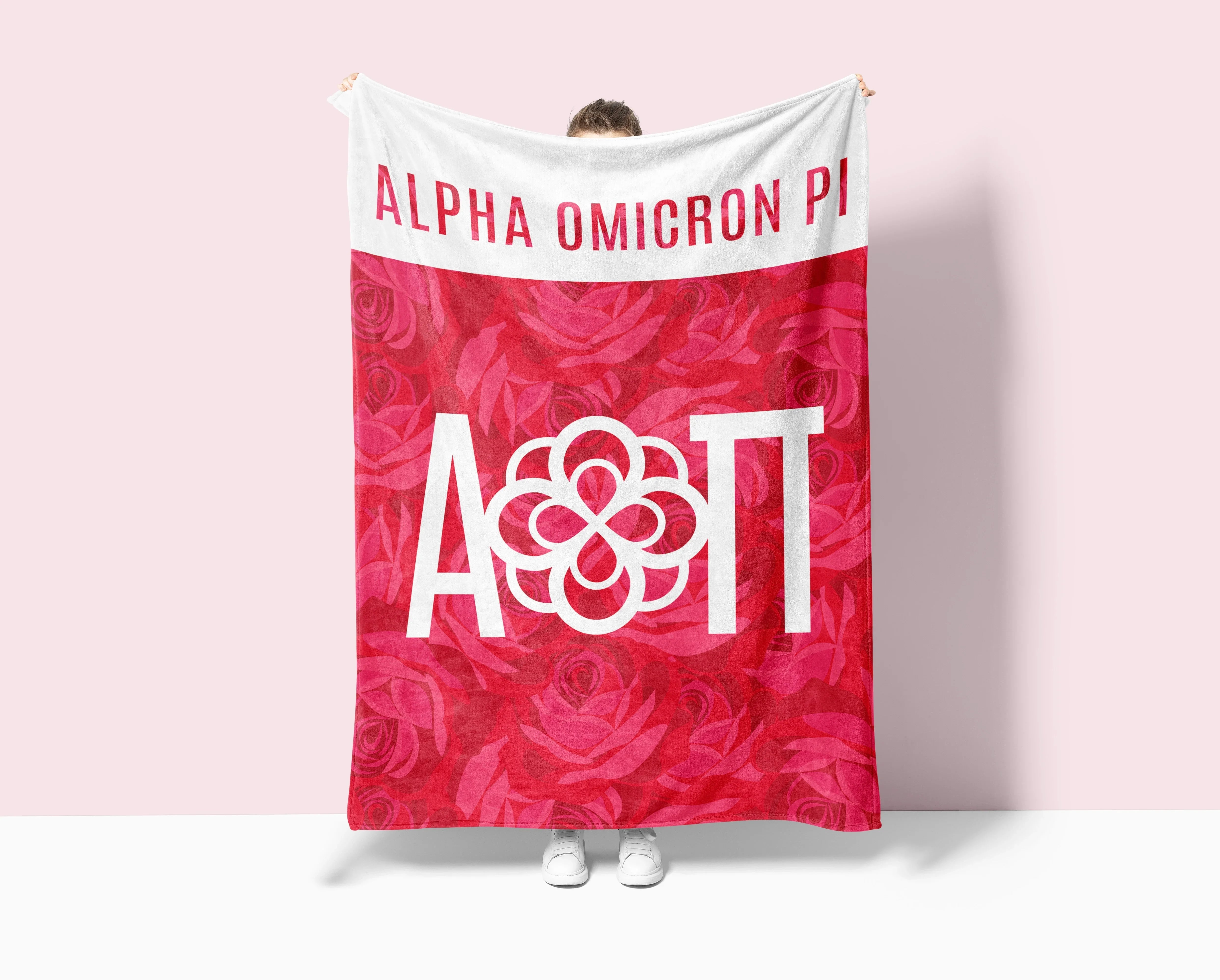 Alpha Omicron Pi XL 60x80 Sherpa Blanket Rose Pattern Wide Band