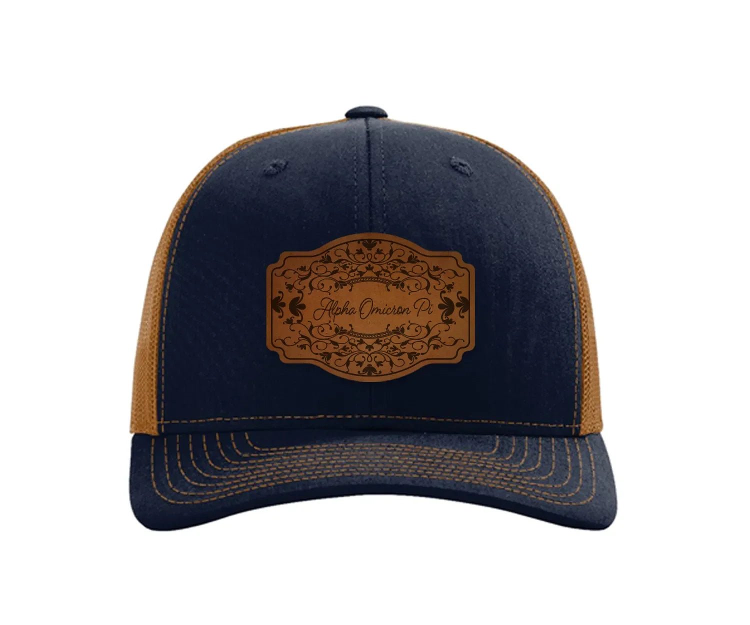 Alpha Omicron Pi Richardson 112 Leatherette Patch Trucker Hat - Scroll